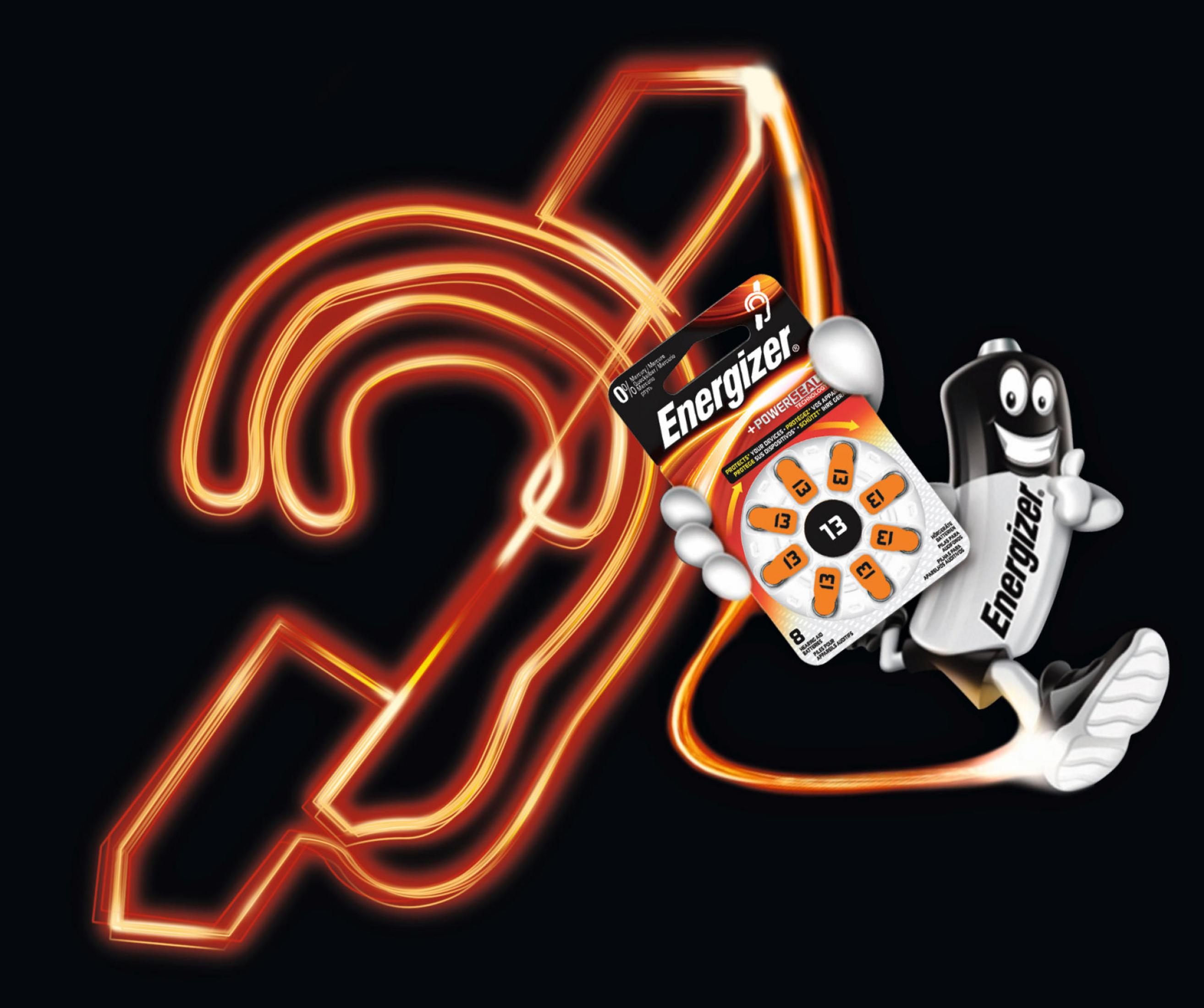 Un personaggio Energizer tiene una confezione di batterie a bottone. Linee al neon sullo sfondo.