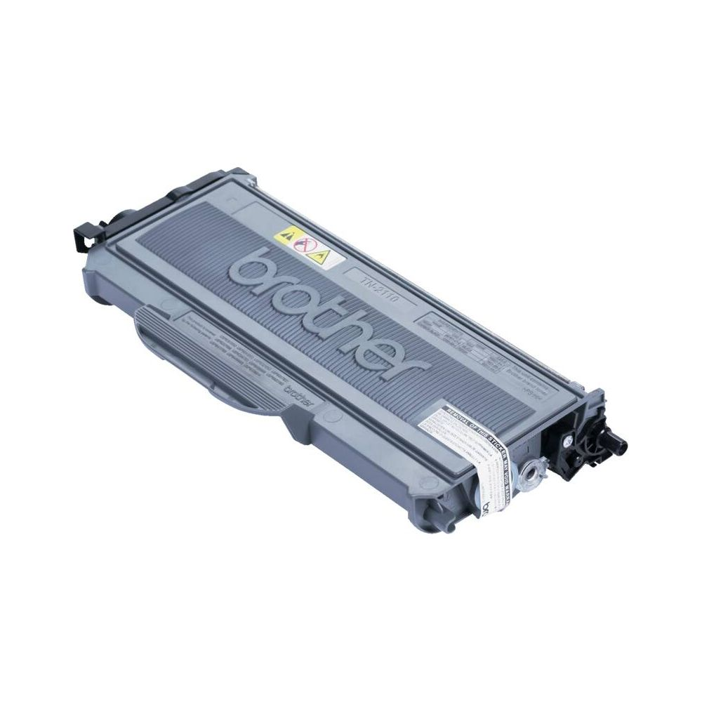 Graue Brother TN-2110 Tonerkartusche mit Logo und Warnsymbolen.