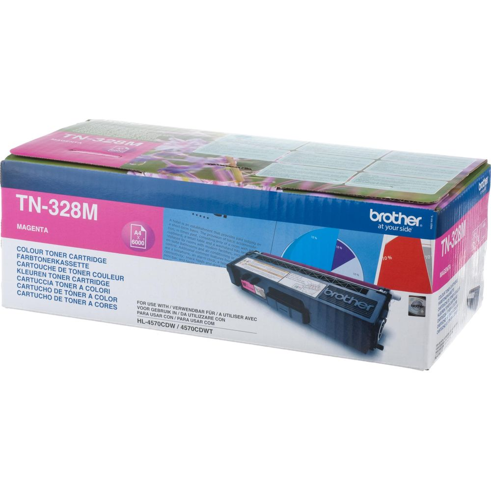 Verpackung für Brother TN-328M Magenta Toner, zeigt Tonerpatrone und Details.