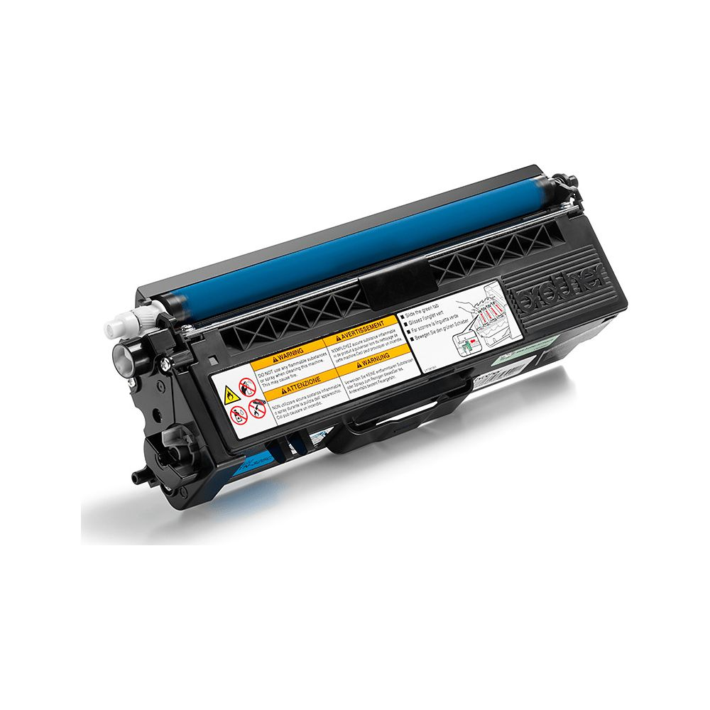 Czarny wkład tonera do drukarki z niebieskim wałkiem i etykietami ostrzegawczymi.