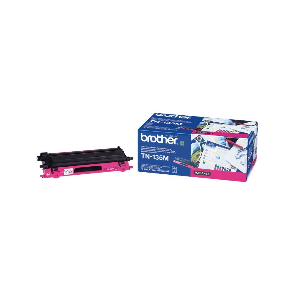 A magenta Brother TN-135M toner cartridge and its packaging.