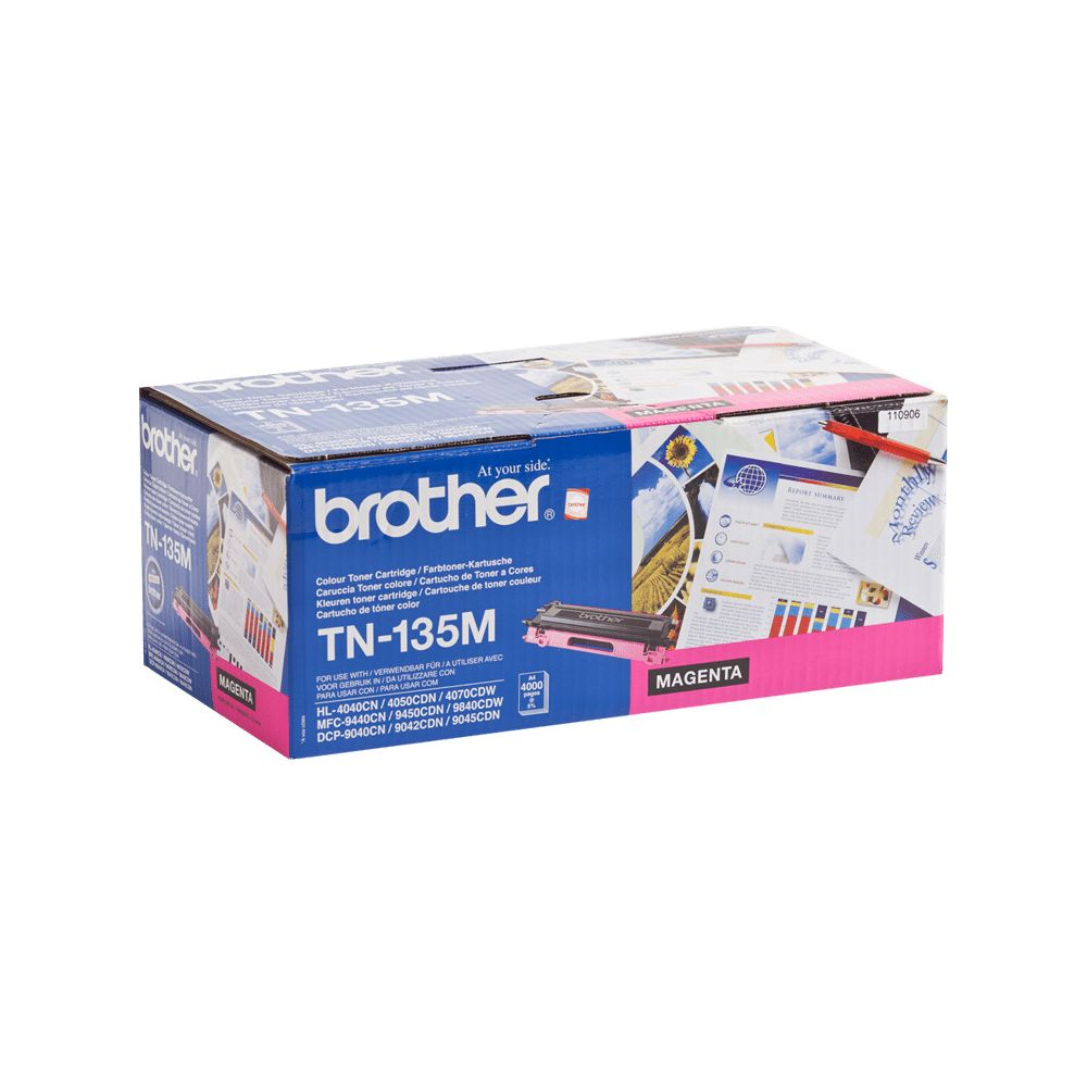 Box for Brother TN-135M Magenta toner cartridge with product information.
