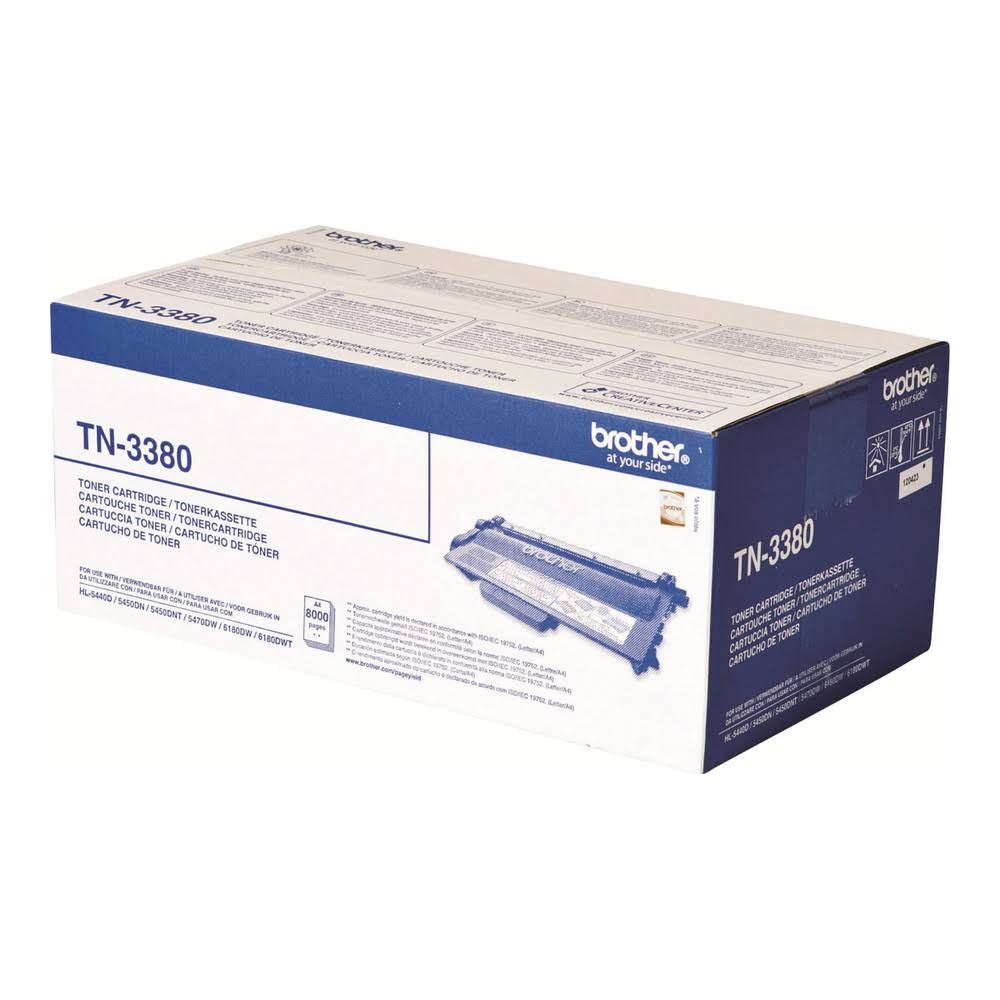 Cartouche de toner Brother TN-3380 dans une boîte bleue et blanche.