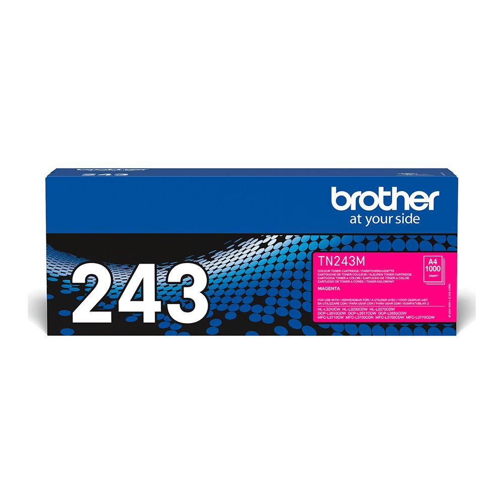 Brother TN243M Magenta Toner, 1000 pages, A4. Box with text.