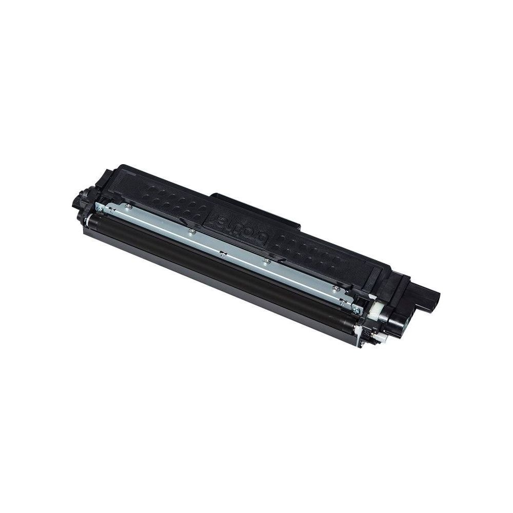 Black toner cartridge with silver roller element, on a white background.