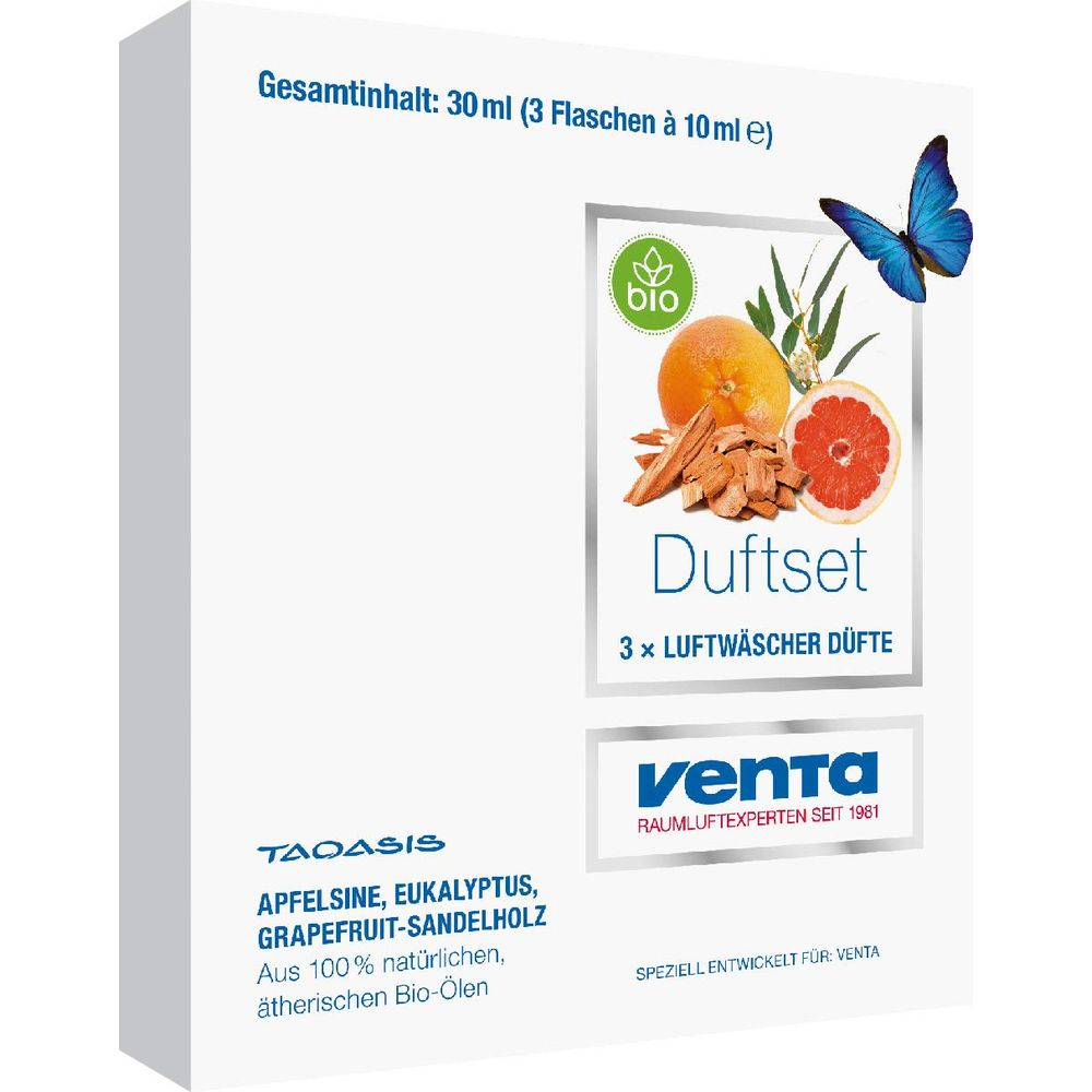 Packung mit drei Duftflaschen mit Orange, Eukalyptus und Grapefruit-Sandelholz.