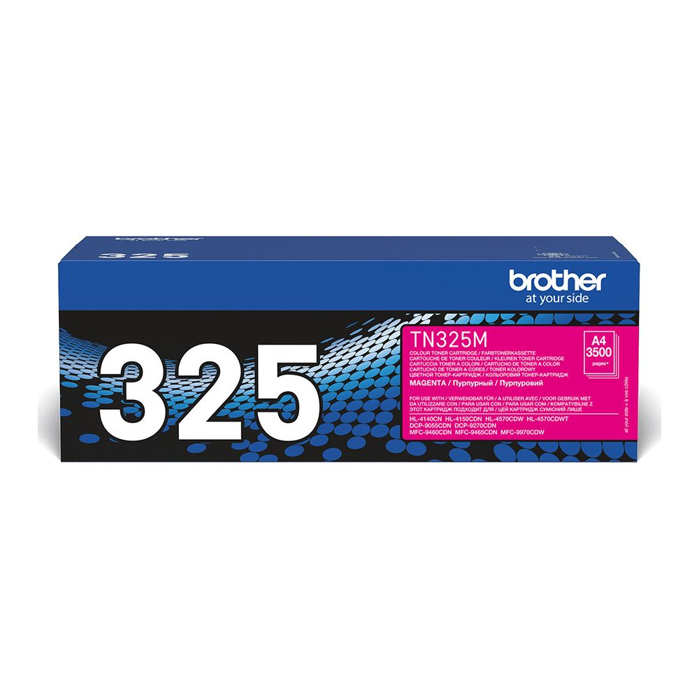 Toner Magenta Brother TN325M, A4, 3500 stron, na niebieskim pudełku.