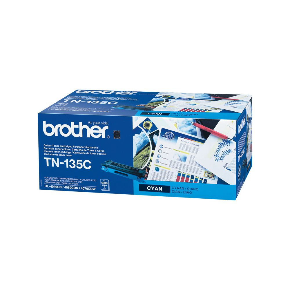 Boîte d'une cartouche de toner Brother TN-135C cyan avec marque.