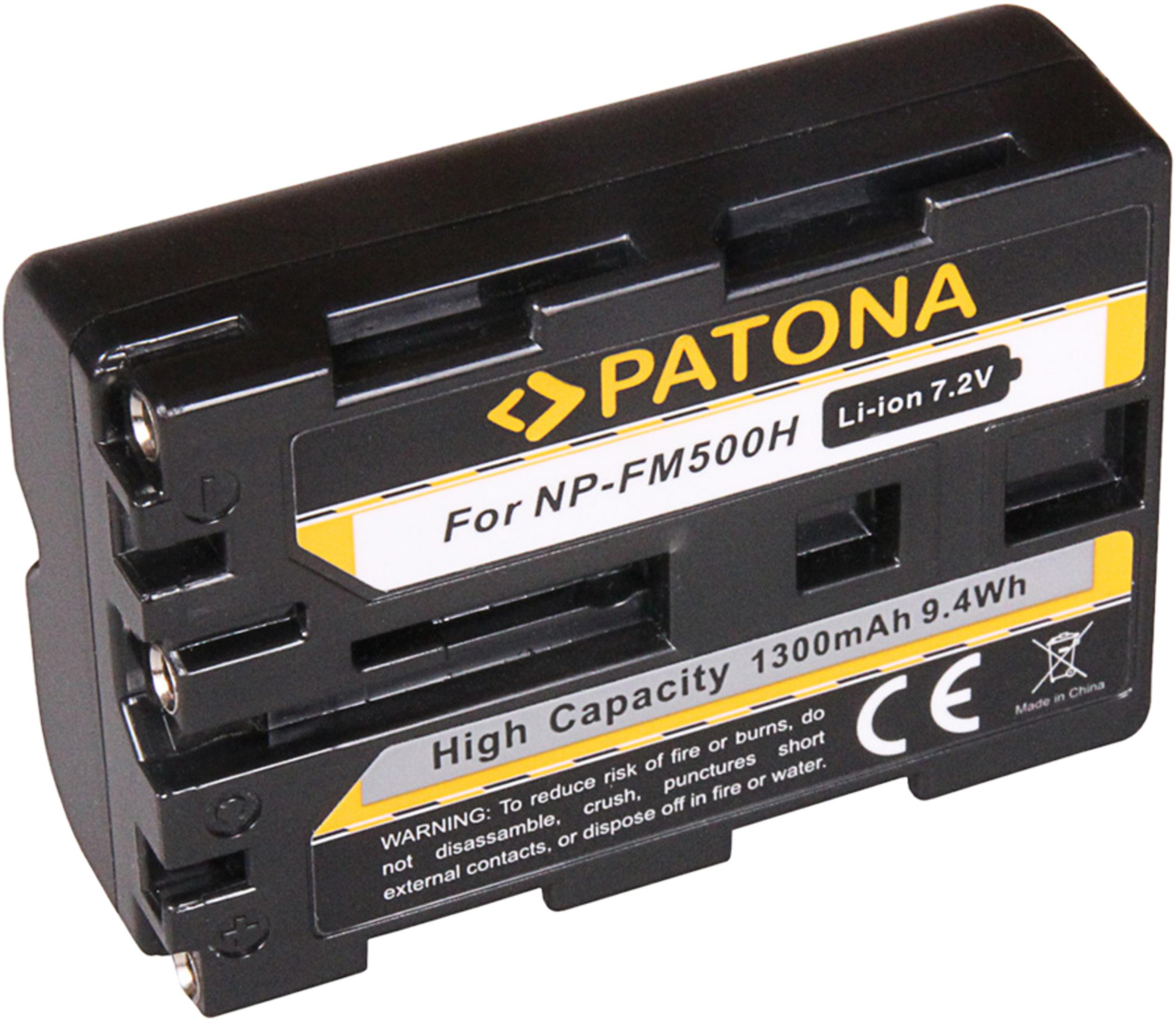 Schwarzer Akku mit gelben Akzenten, Marke Patona, 7,2V, 1300mAh.