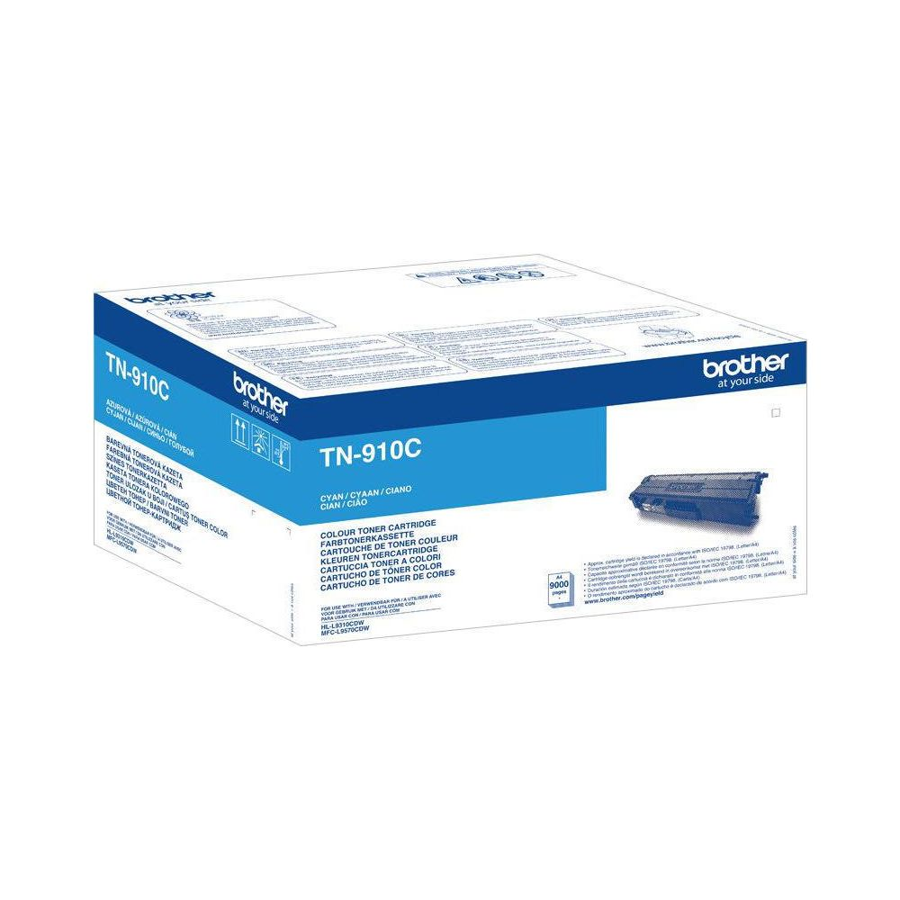 Brother TN-910C cyan toner cartridge. Box shows toner and model number.