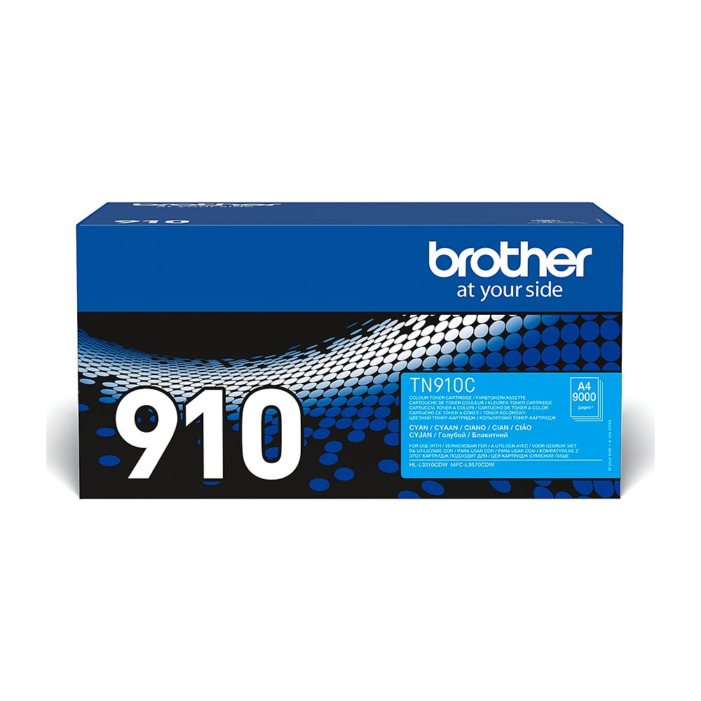 A blue Brother TN910C cyan toner cartridge labeled 910 and 9000 pages.