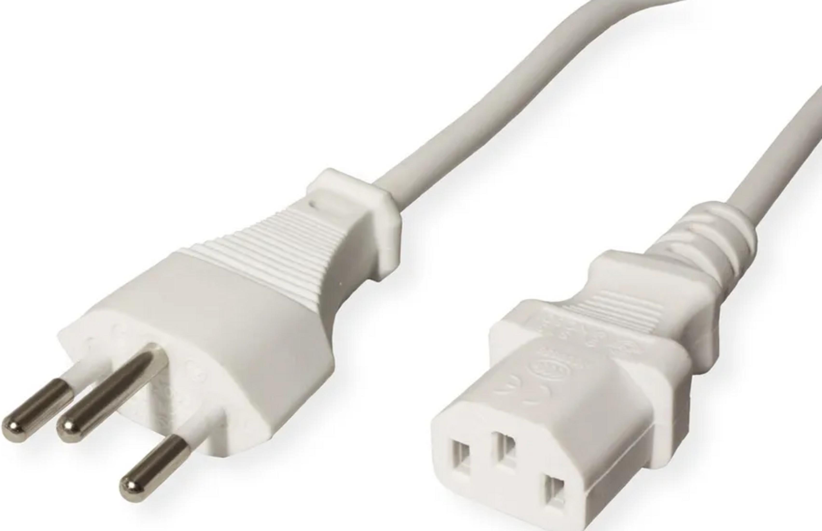 Un cavo di alimentazione bianco con spina a 3 poli e connettore femmina.