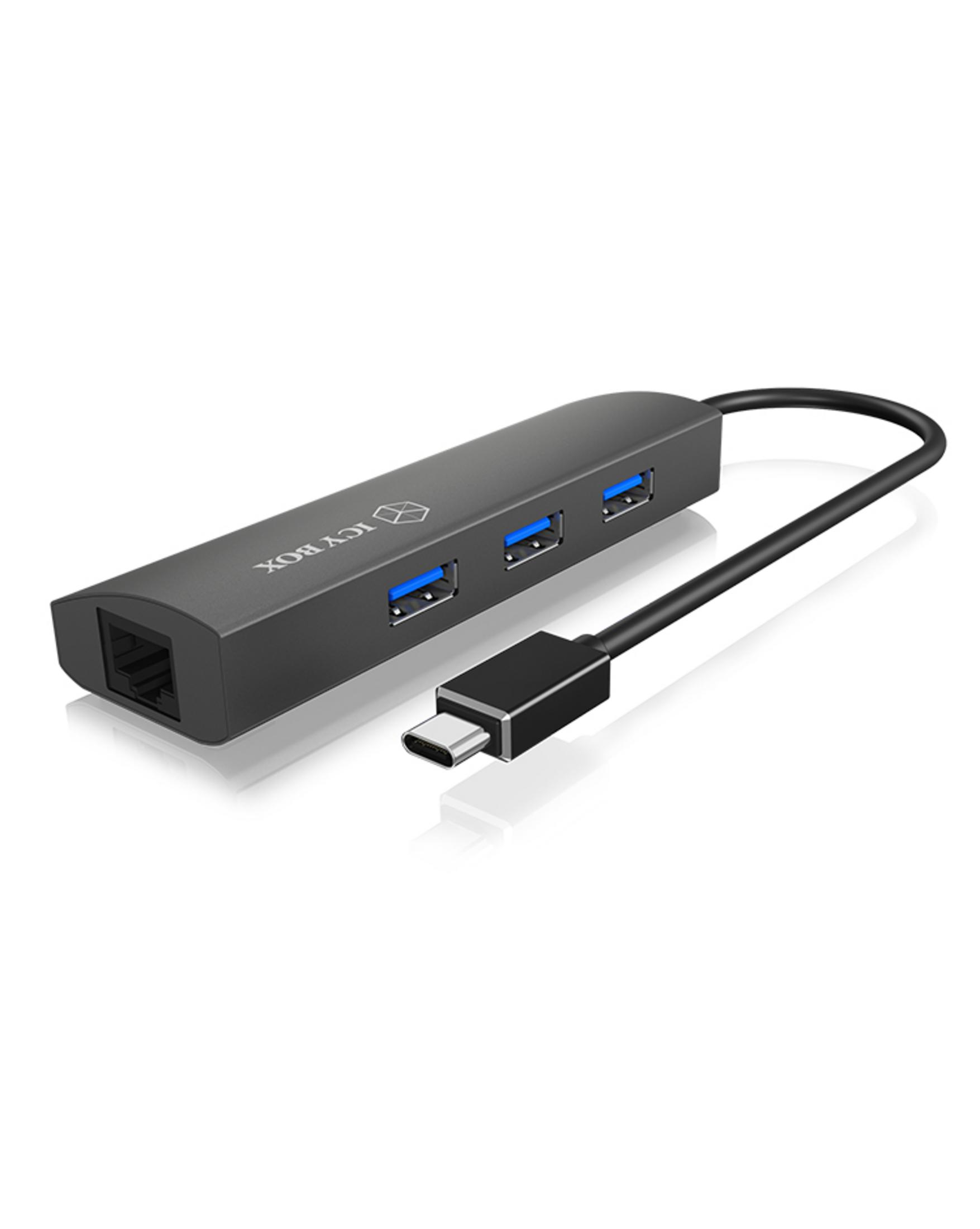 Hub USB-C nero con tre porte USB e una porta LAN.
