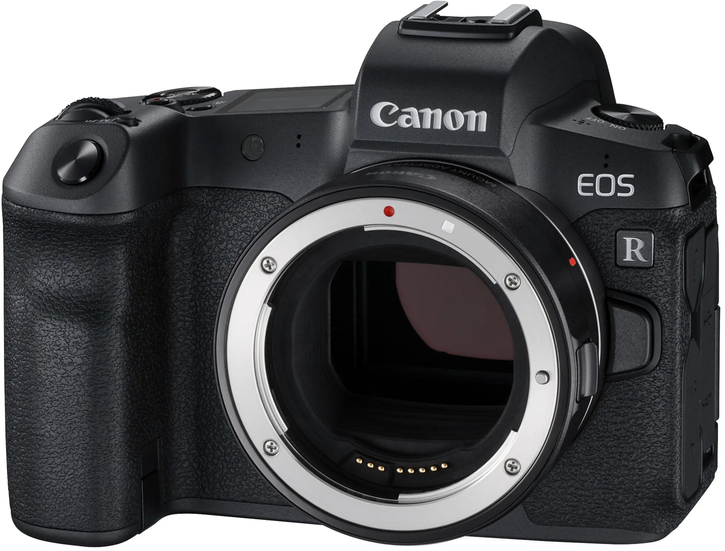Fotocamera Canon EOS R nera con attacco obiettivo e controlli argentati.