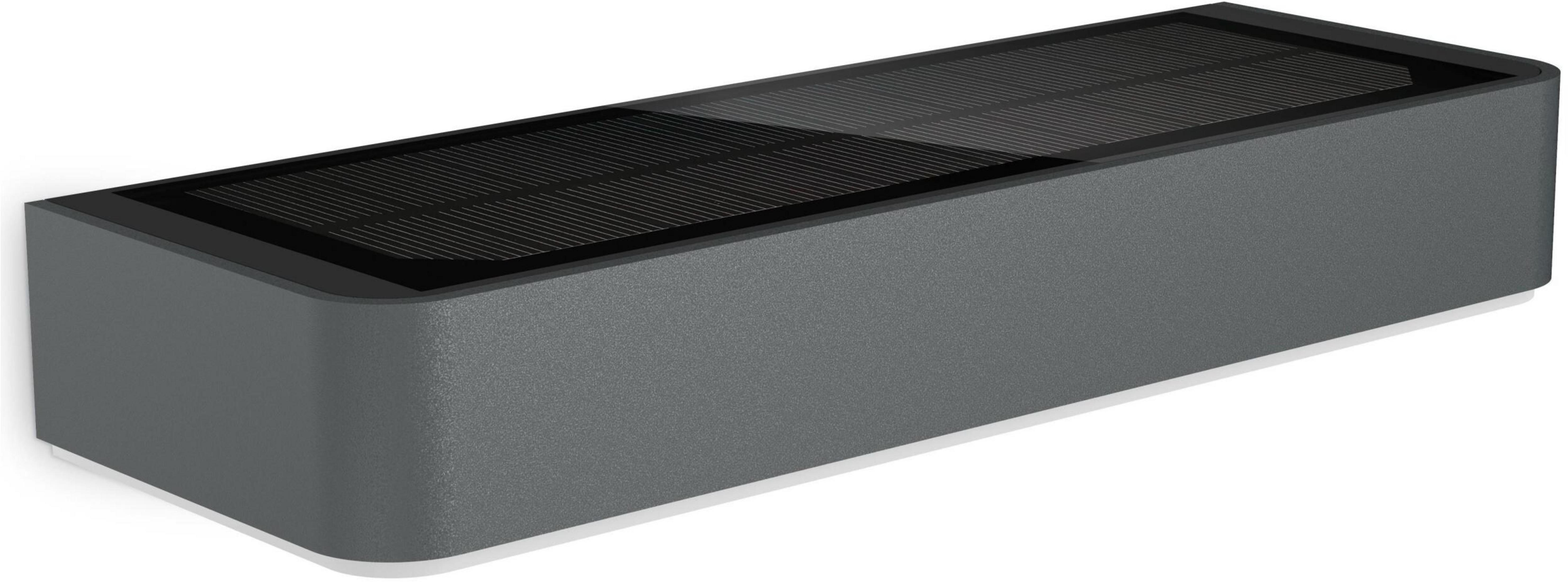 Grauer Solarwandleuchte mit schwarzer Paneele.