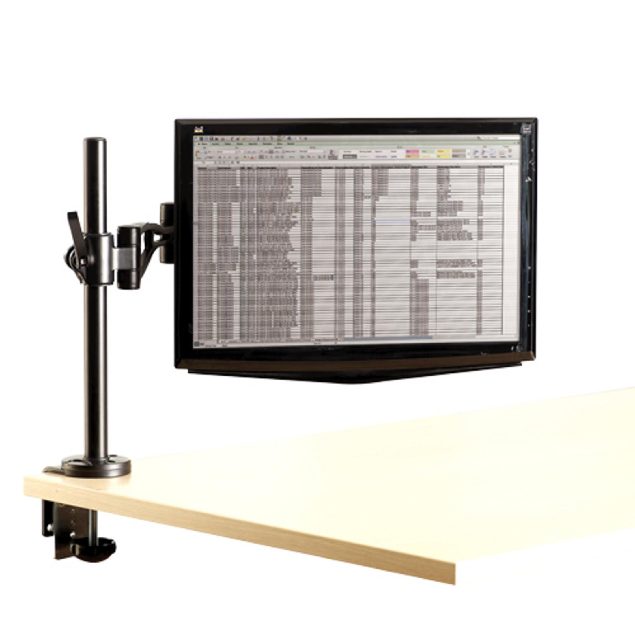 Un monitor di computer che visualizza un foglio di calcolo è montato su una scrivania.