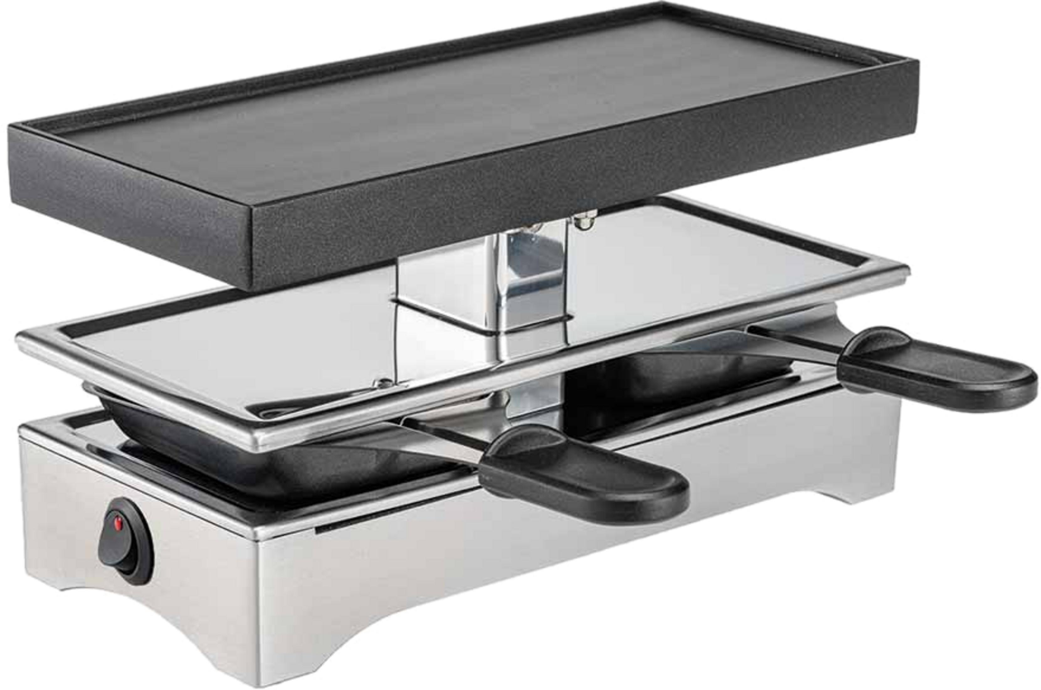 Una griglia per raclette con piastra superiore e diverse padelle.