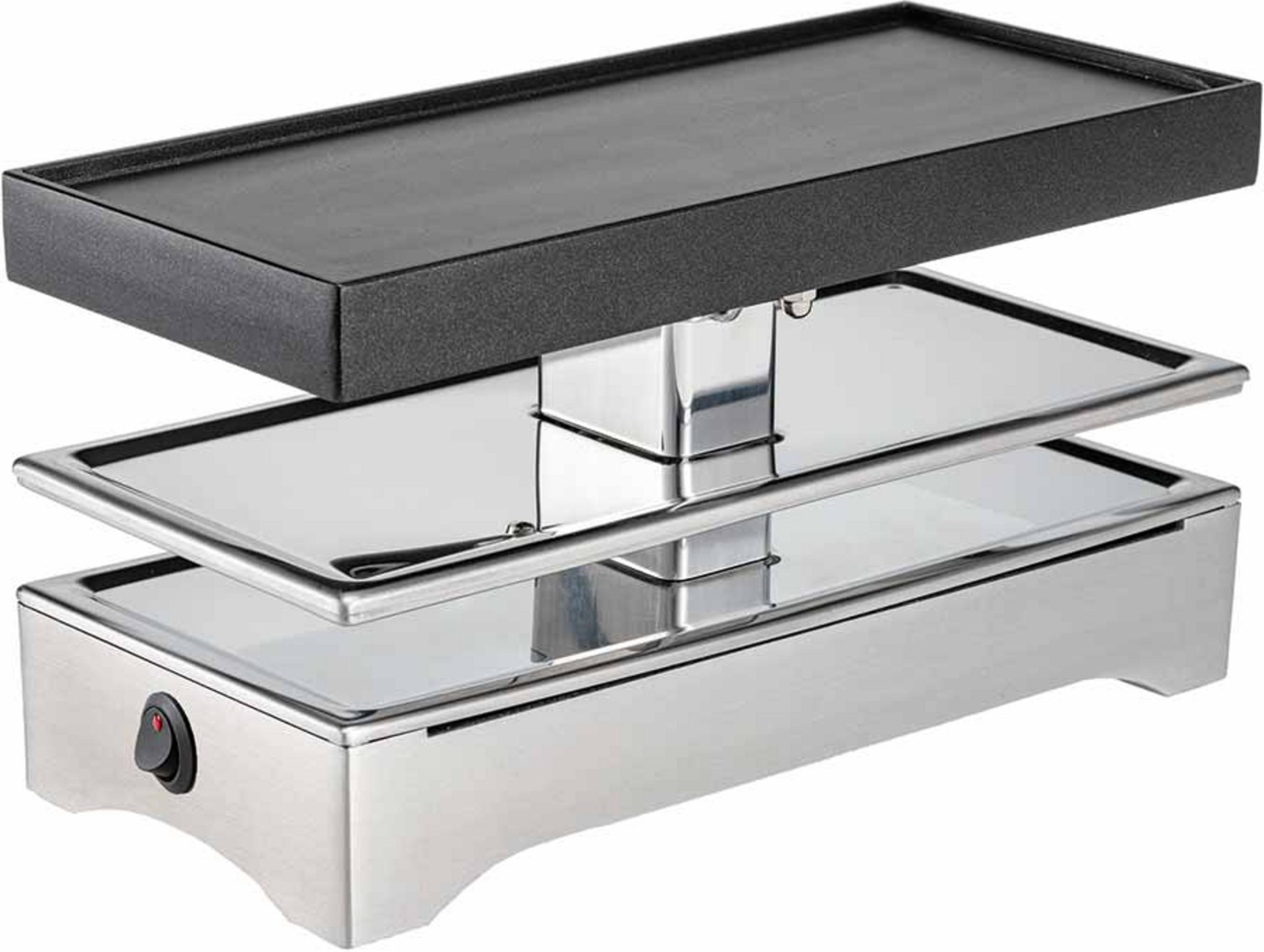 Una griglia per raclette in acciaio inox con piastra nera e vaschette argentate.