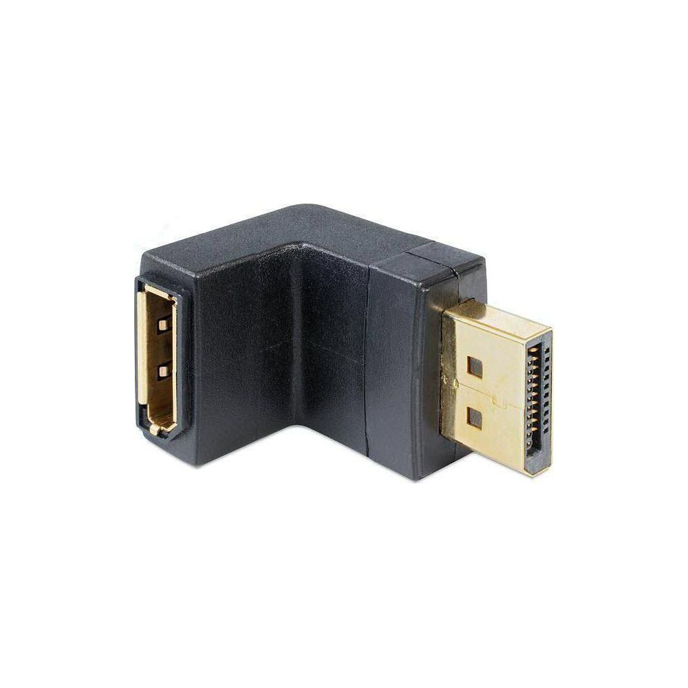 Un adattatore DisplayPort nero a 90 gradi con connettori dorati.
