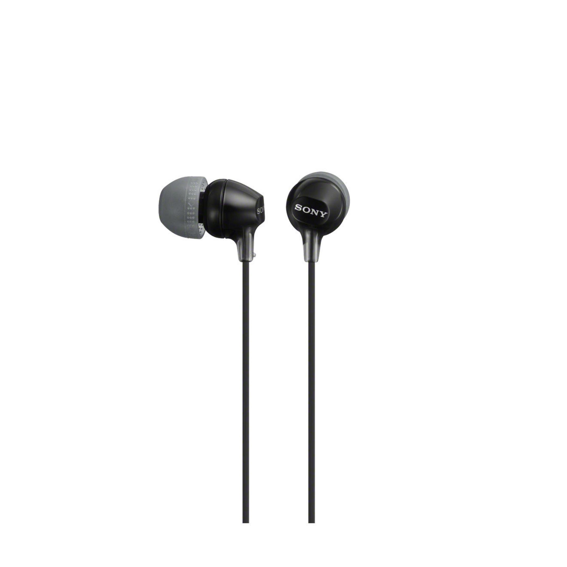 Schwarze Sony In-Ear-Kopfhörer mit silbernen Akzenten und grauen Ohrstöpseln.