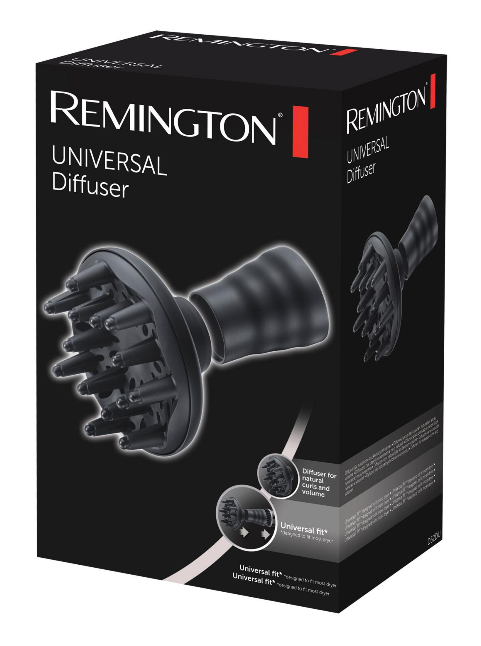 Verpackung eines Remington Universal Diffusors mit Nahaufnahmen des Diffusoraufsatzes.