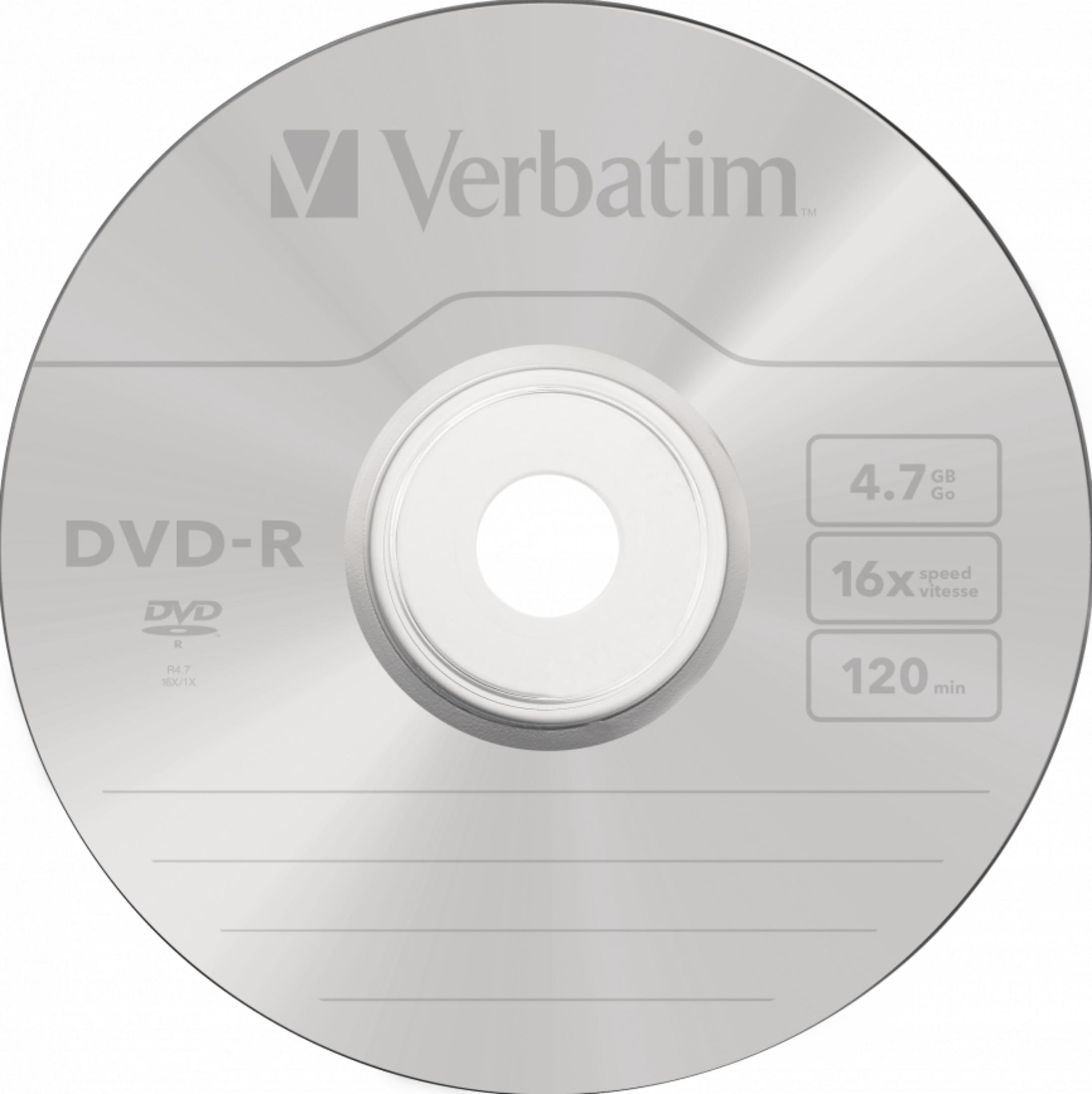 DVD-R Verbatim plateada de 4,7 GB de capacidad y velocidad 16x.