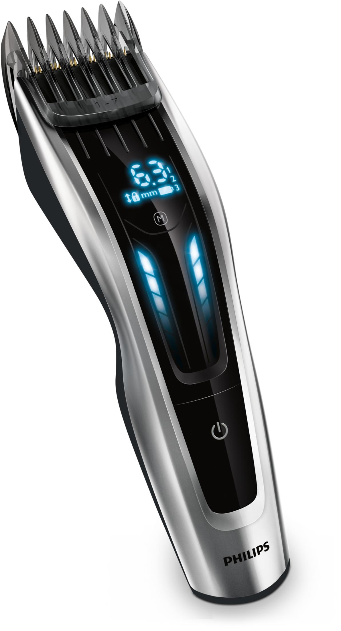 Cortapelos Philips plateado con pantalla digital y detalles azules.