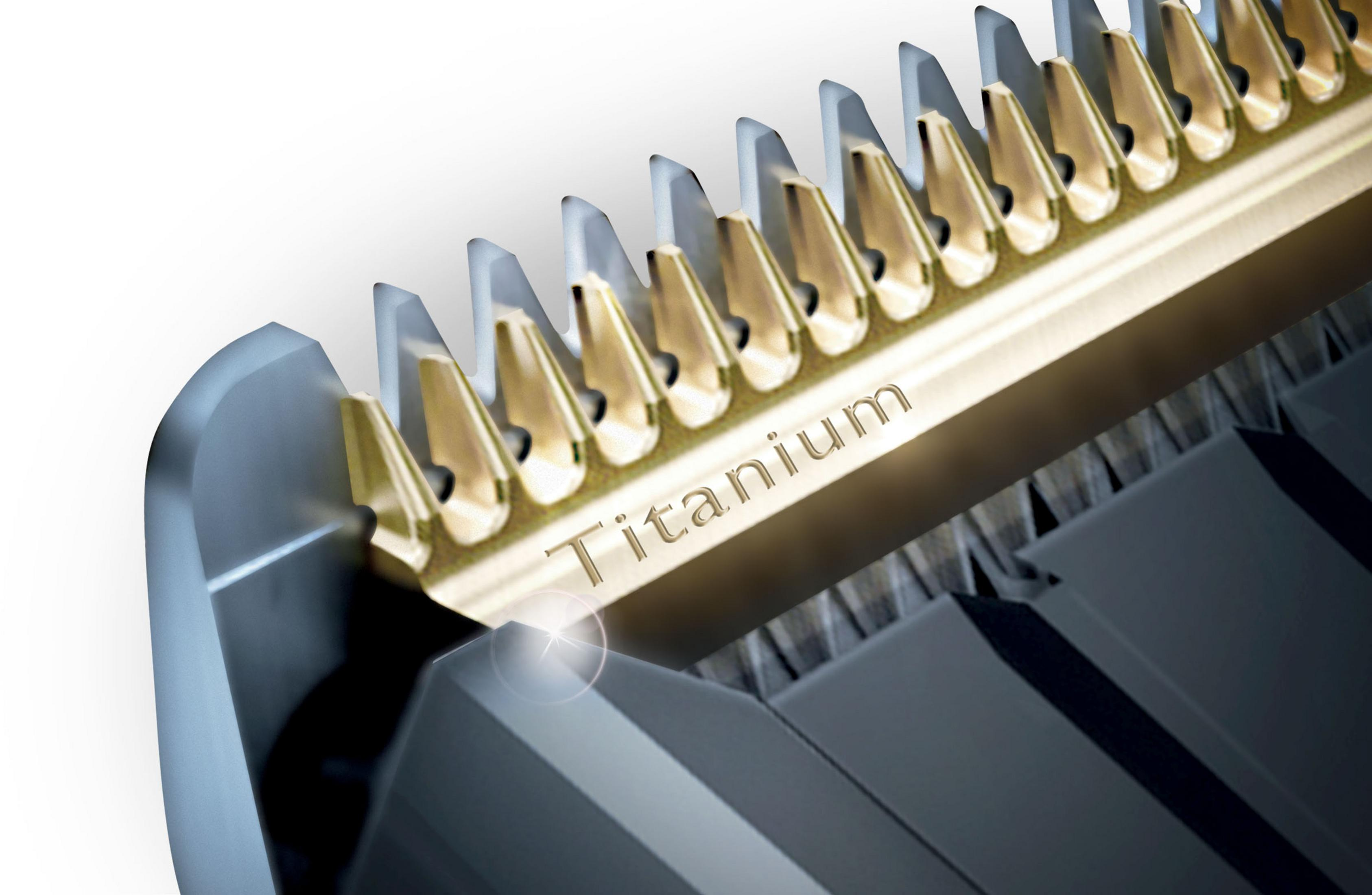 Primer plano de una cuchilla de cortapelos plateada con dientes dorados y texto "Titanium".