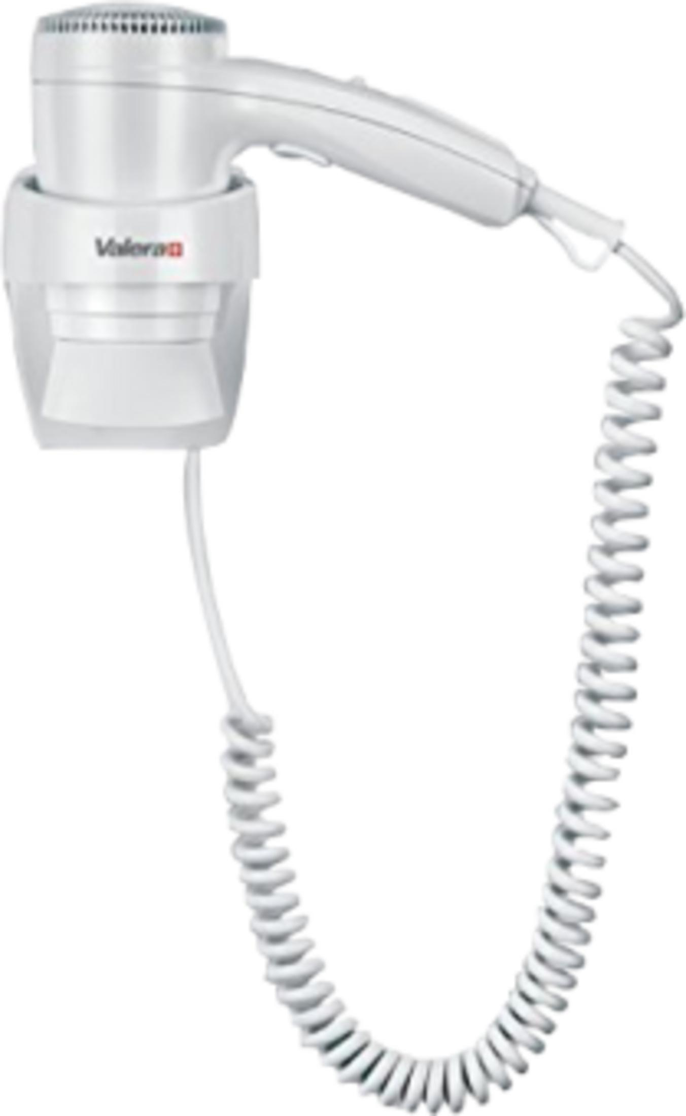 Biała suszarka do włosów ze spiralnym kablem i logo Valera.