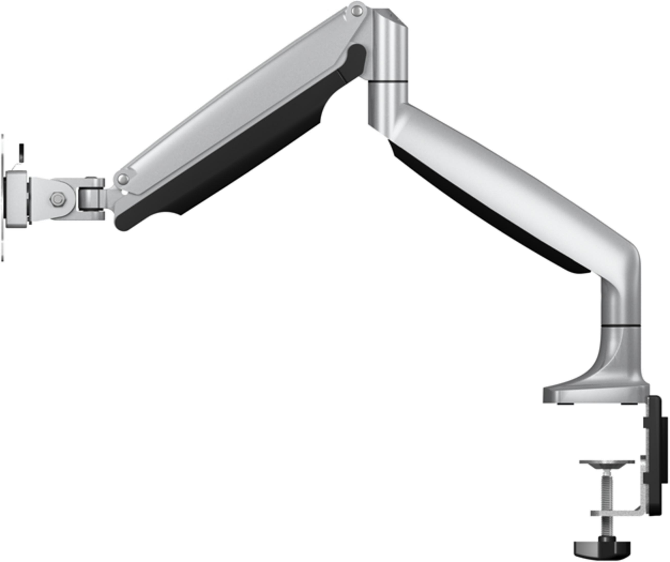 Silver monitor arm with desk clamp and adjustable joints.