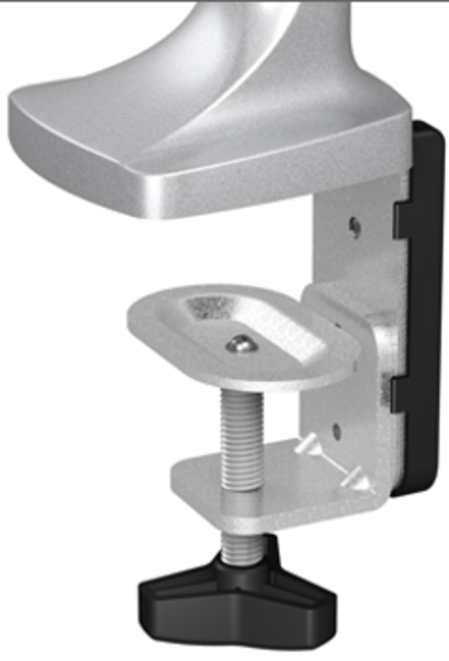 Silver desk clamp with black knob and threaded shaft.