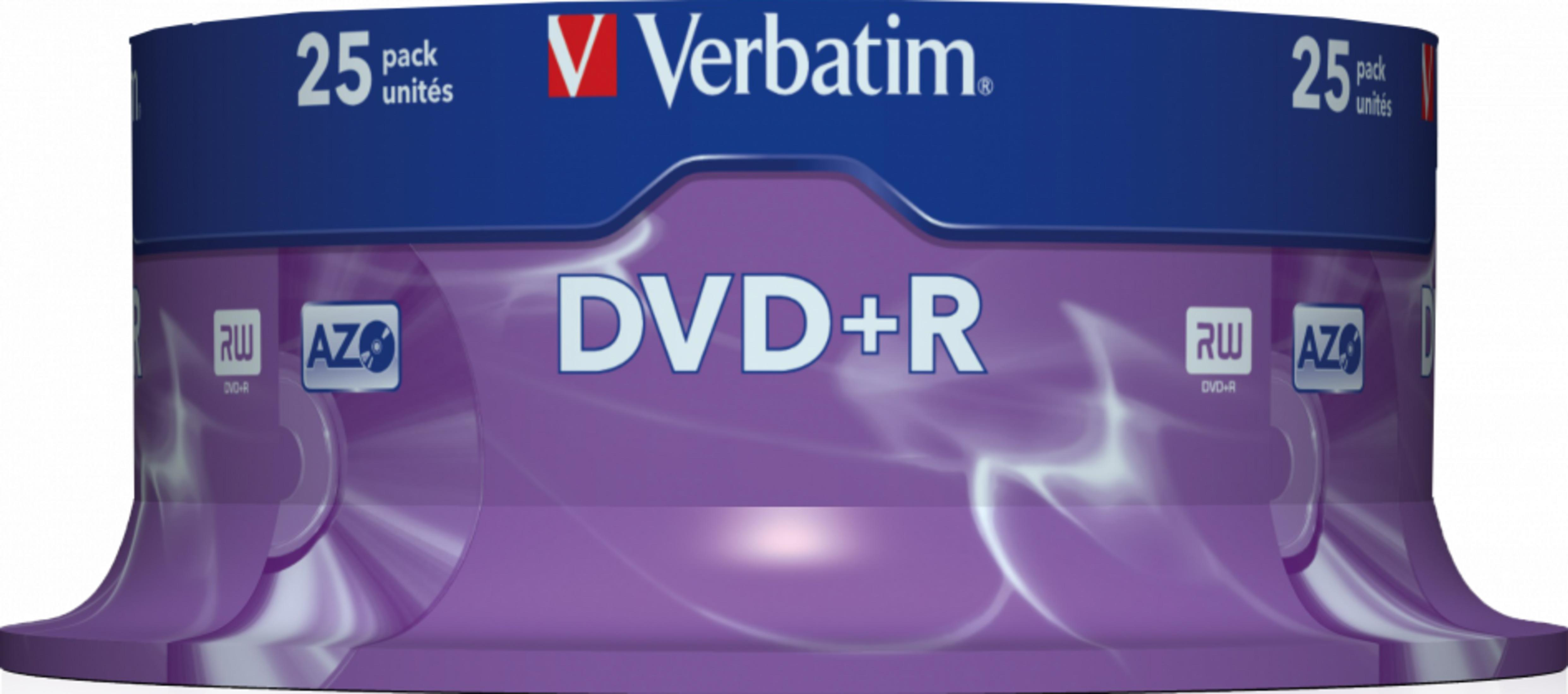Verbatim DVD+R opakowanie 25 sztuk w kolorze fioletowym z logo Verbatim i RW AZO.