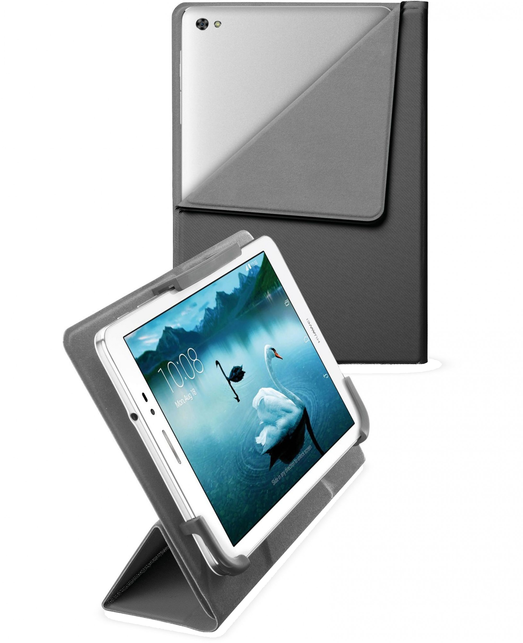 Un tablet in un supporto grigio mostra un cigno sull'acqua.