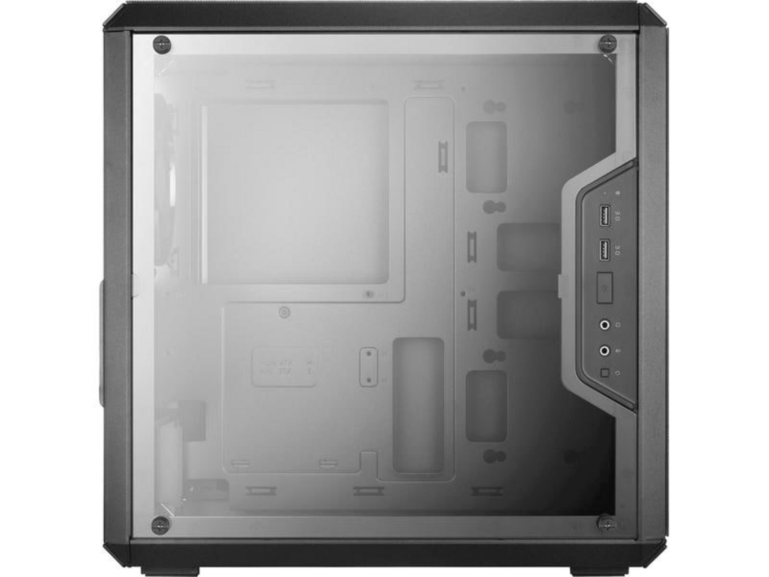 Czarna obudowa komputera z bocznym oknem i przednimi portami USB.