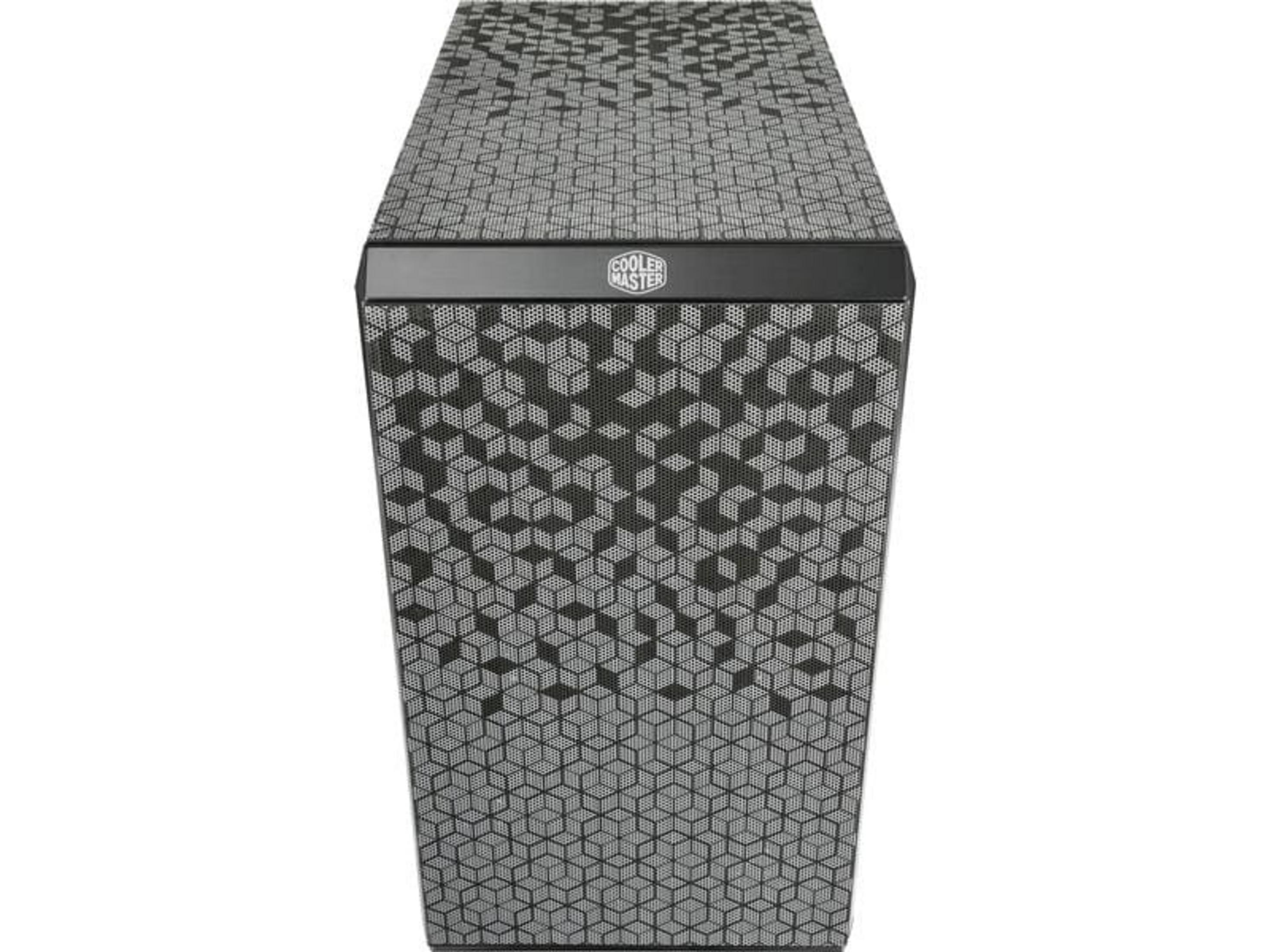 Czarna obudowa komputera z szarym wzorem geometrycznym.