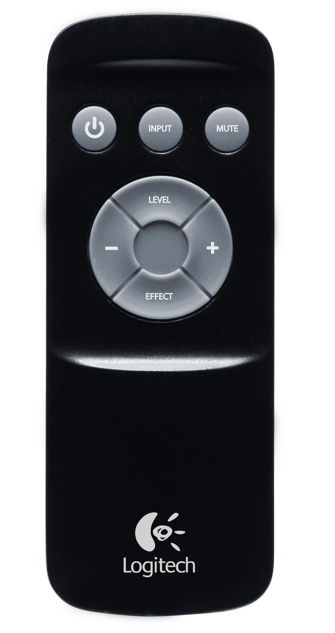 Télécommande Logitech noire avec boutons marche/arrêt, entrée et muet.