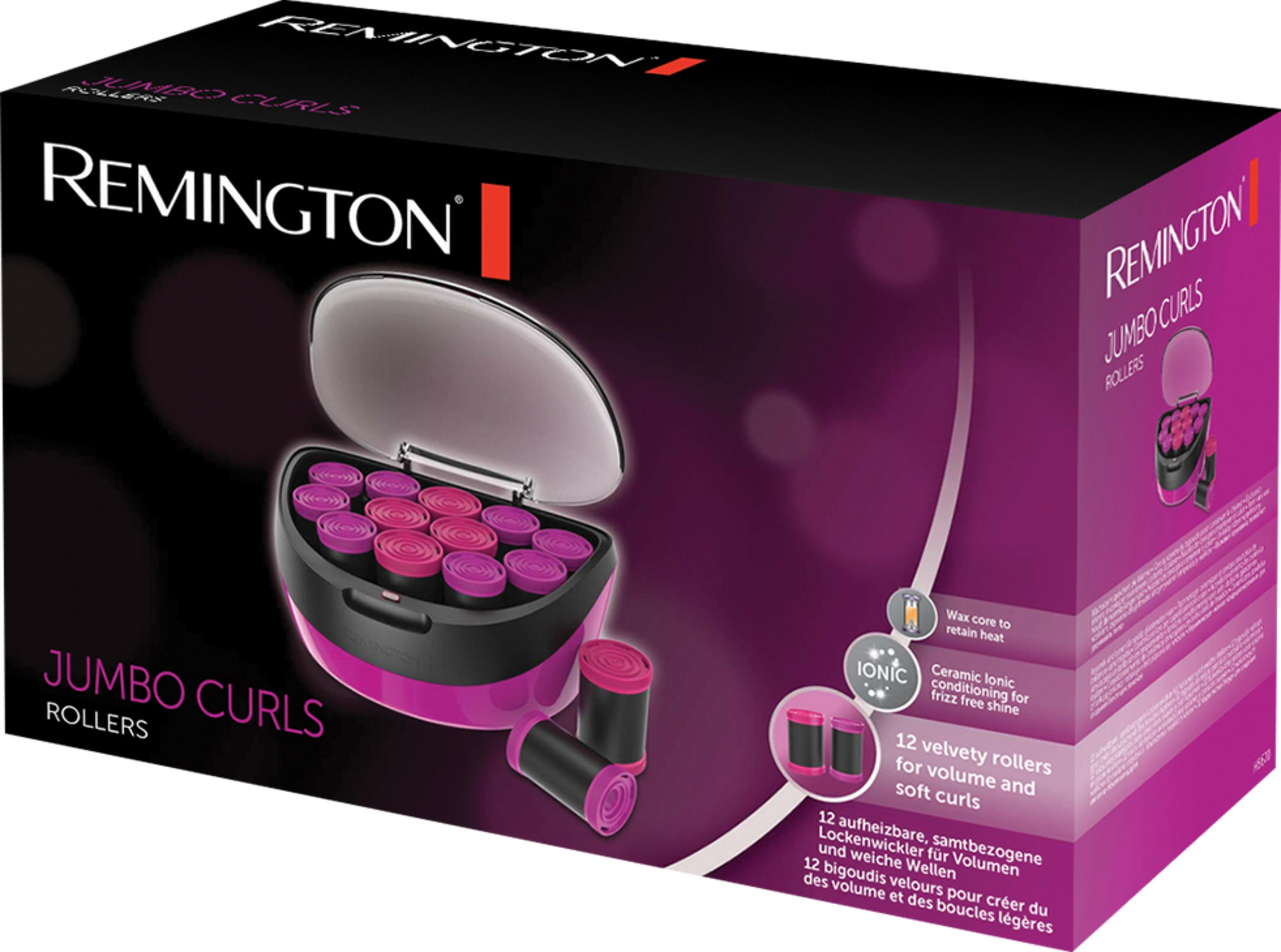 Set Remington Jumbo Curls con 12 bigodini rosa e viola in una custodia nera e rosa.