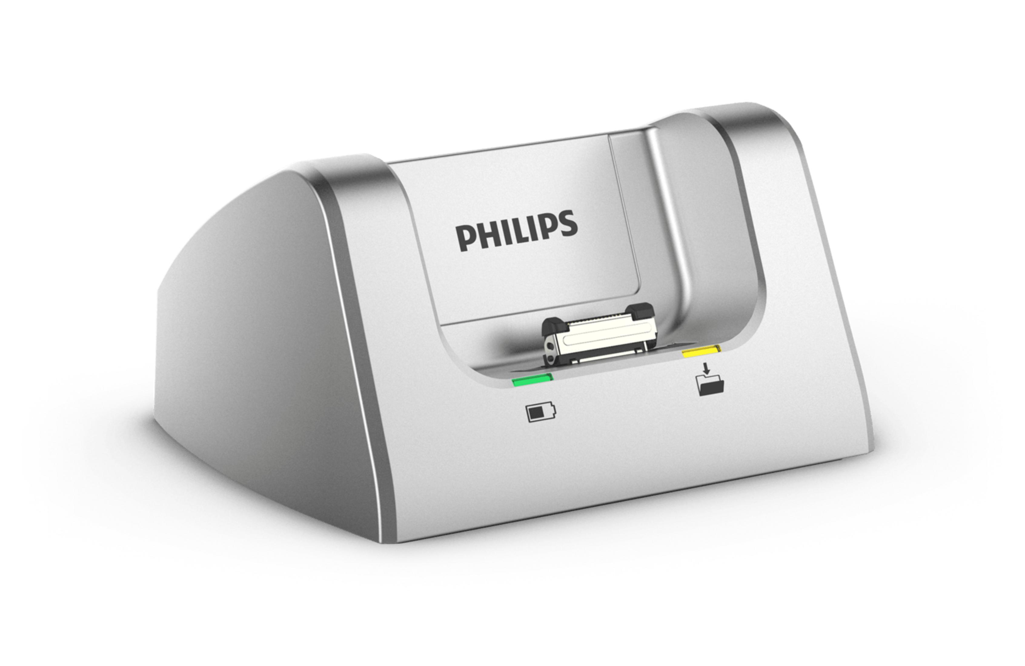 Silberne Philips Ladestation mit Anschluss und Ladeanzeigen.