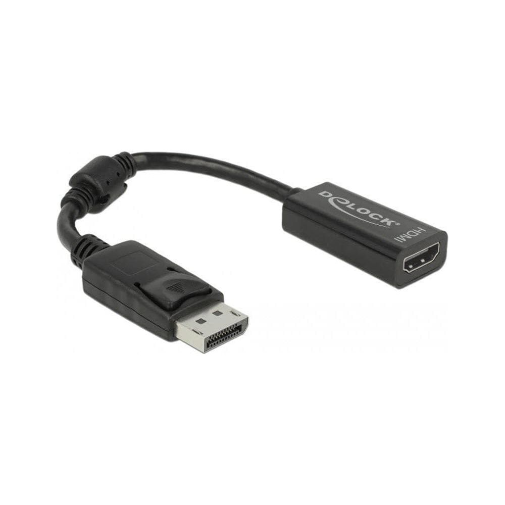 Un cable adaptador DisplayPort a HDMI negro con logo DLock.