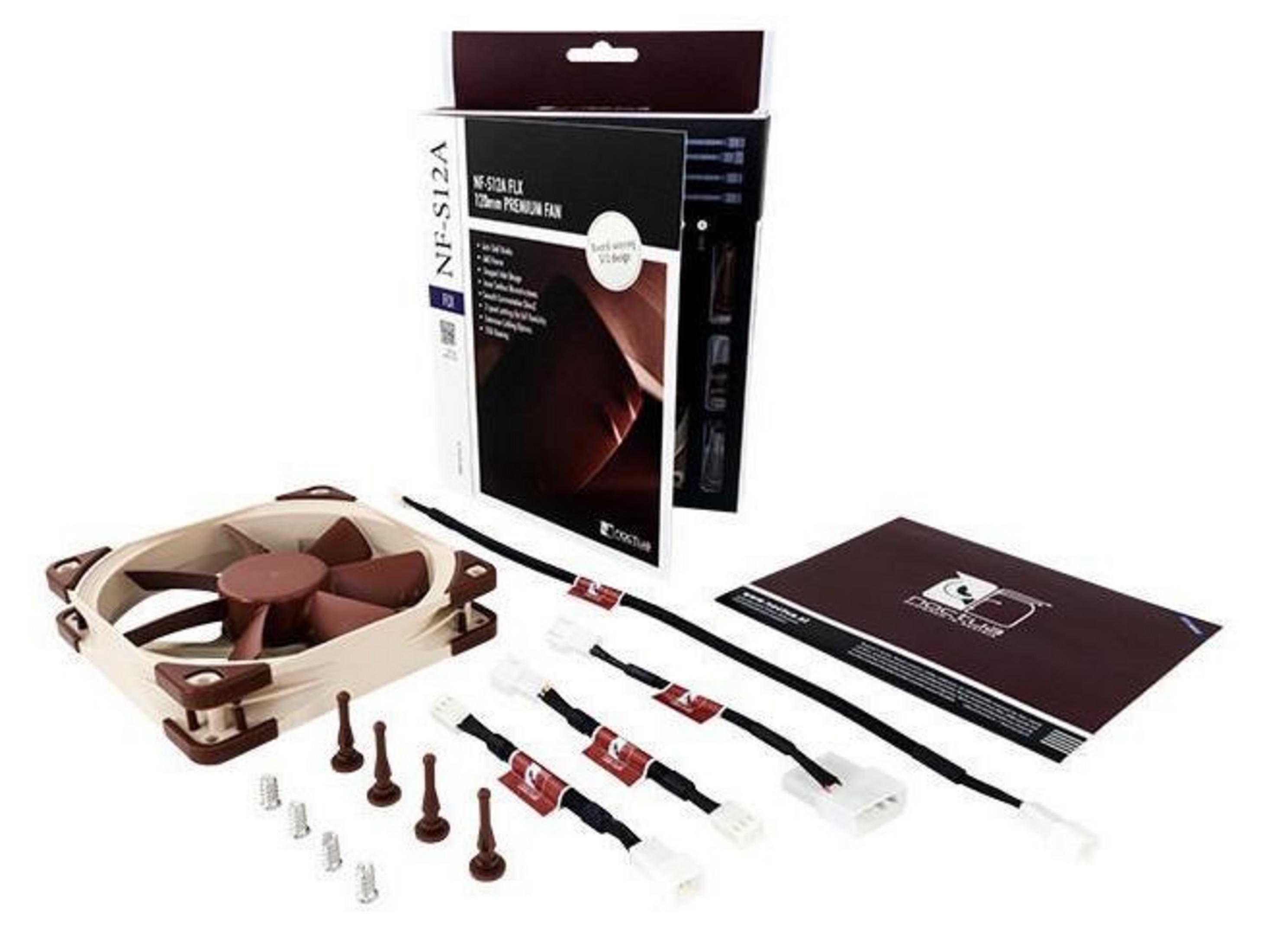 Brązowy wentylator z beżowo-brązową ramą, kablami, śrubami i instrukcją.