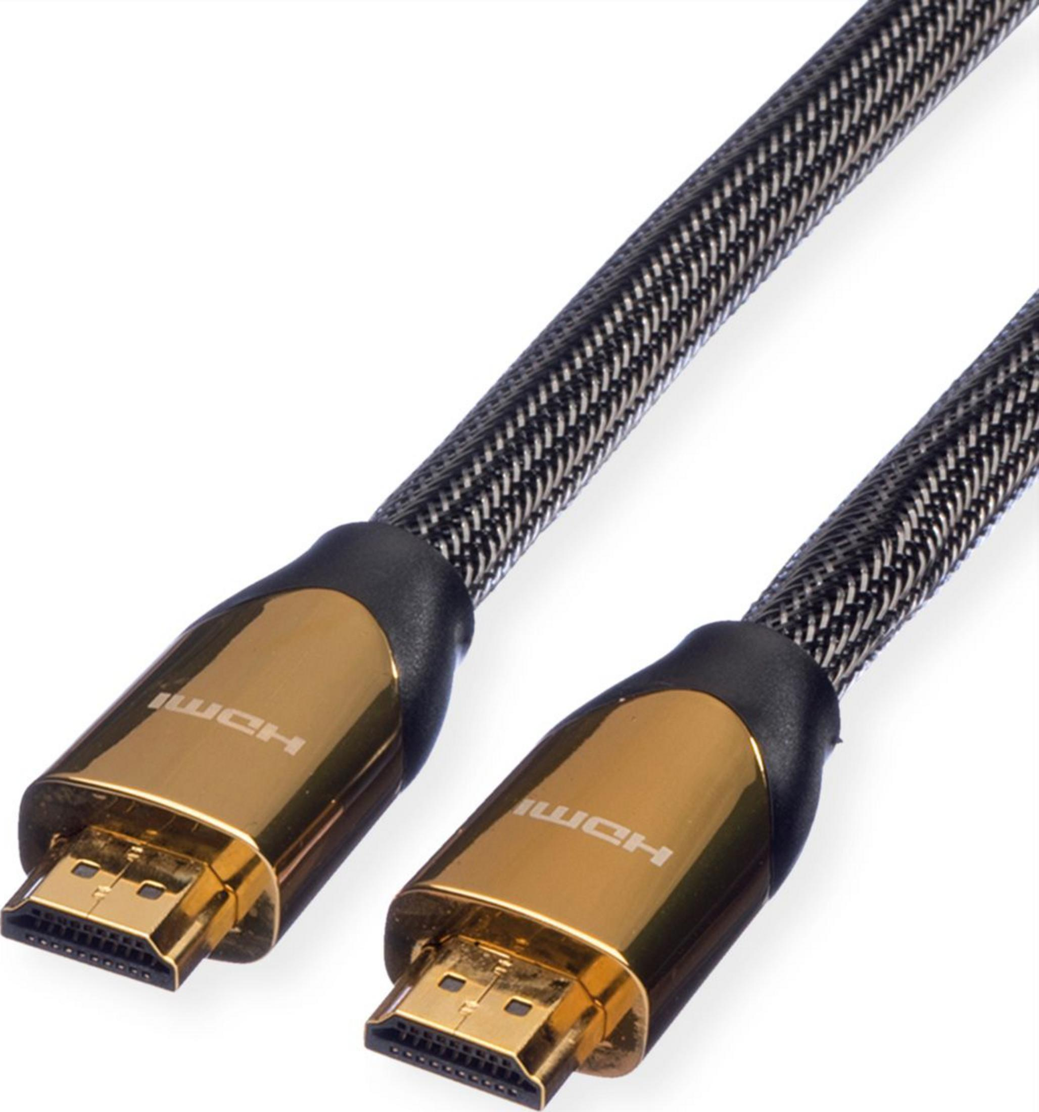 Twee HDMI-kabels met gouden connectoren en gevlochten kabels op witte achtergrond.