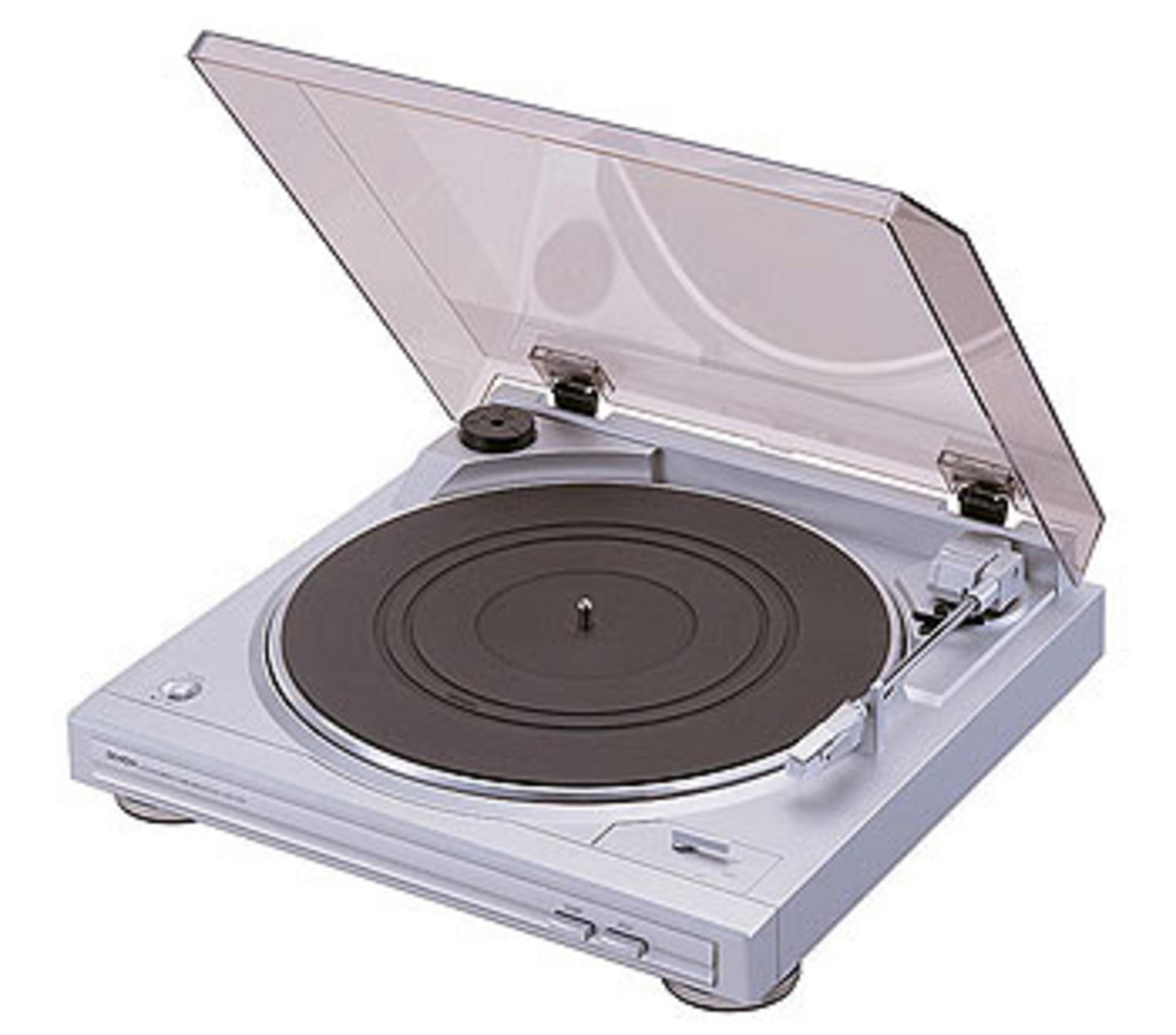 Srebrny gramofon z otwartą, przezroczystą pokrywą.