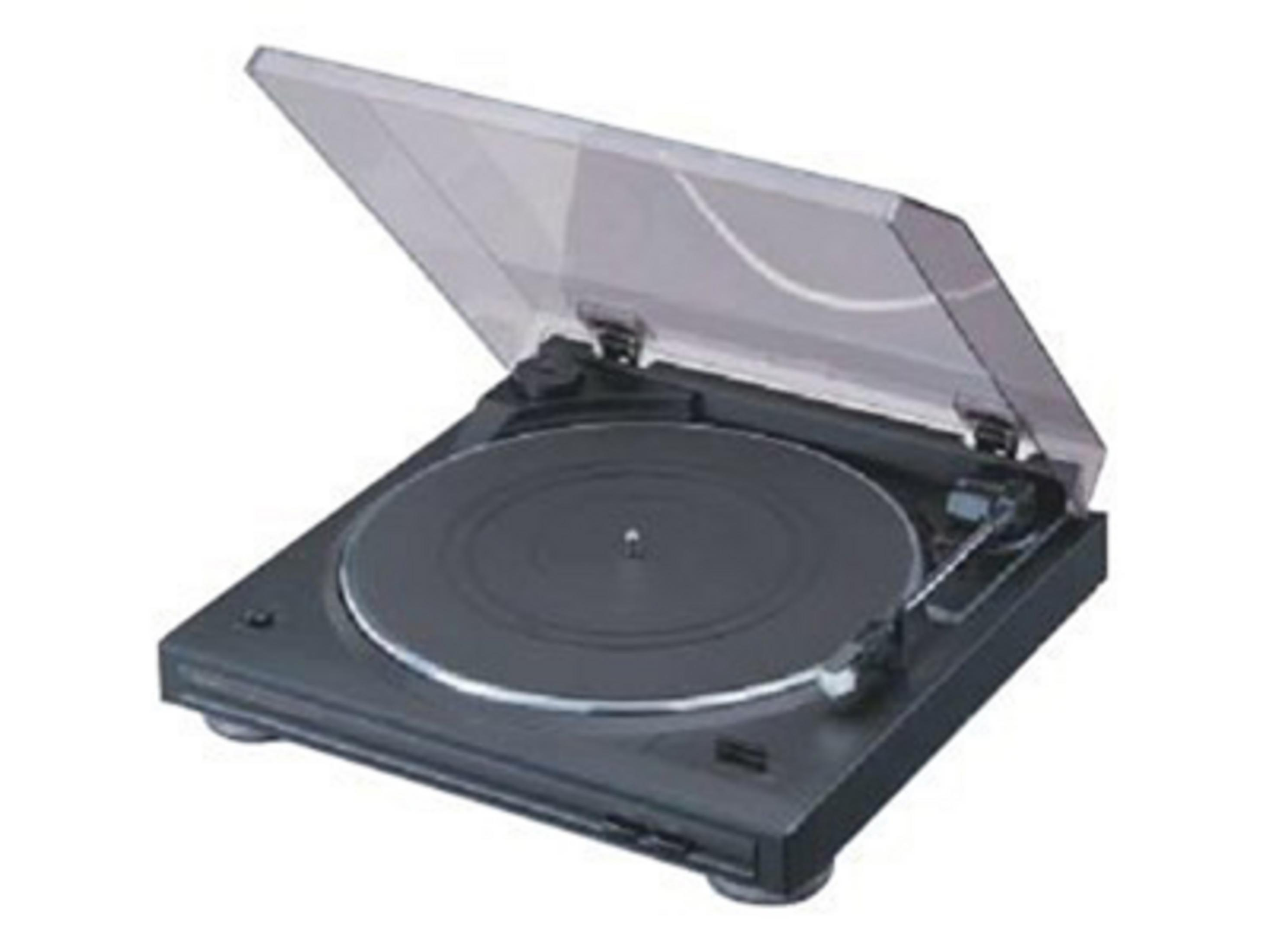 Czarny gramofon z otwartą, przezroczystą pokrywą.