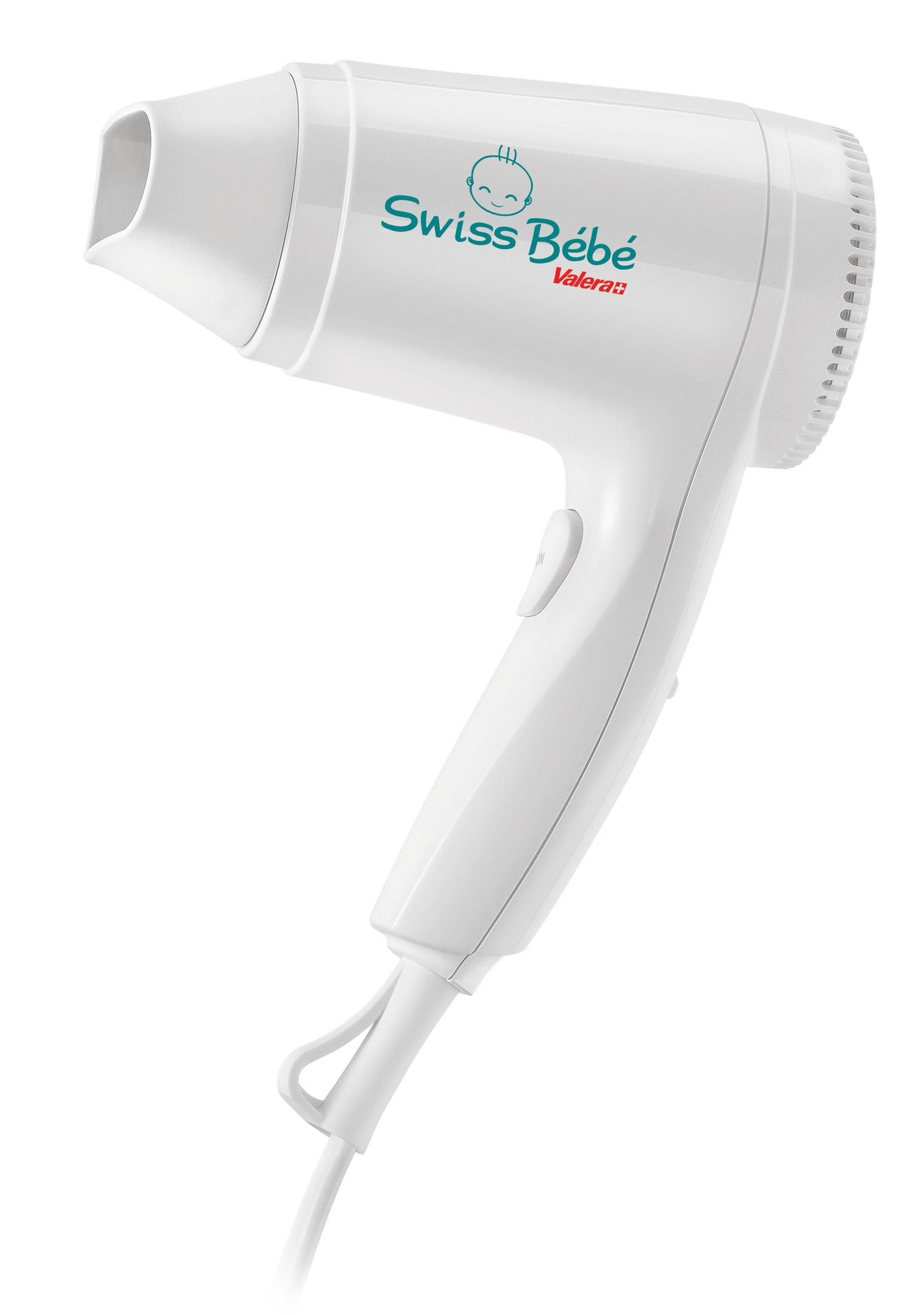 Biała suszarka do włosów z logo "Swiss Bébé" i małą twarzą.