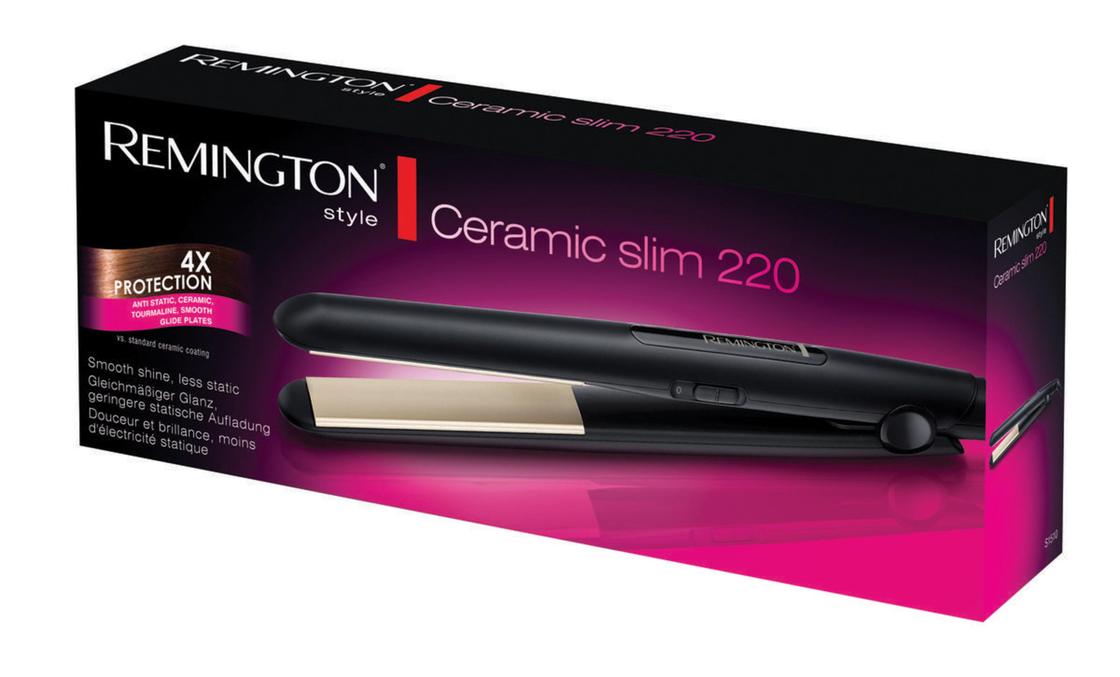Opakowanie prostownicy Remington Ceramic Slim 220 z wizerunkiem produktu.