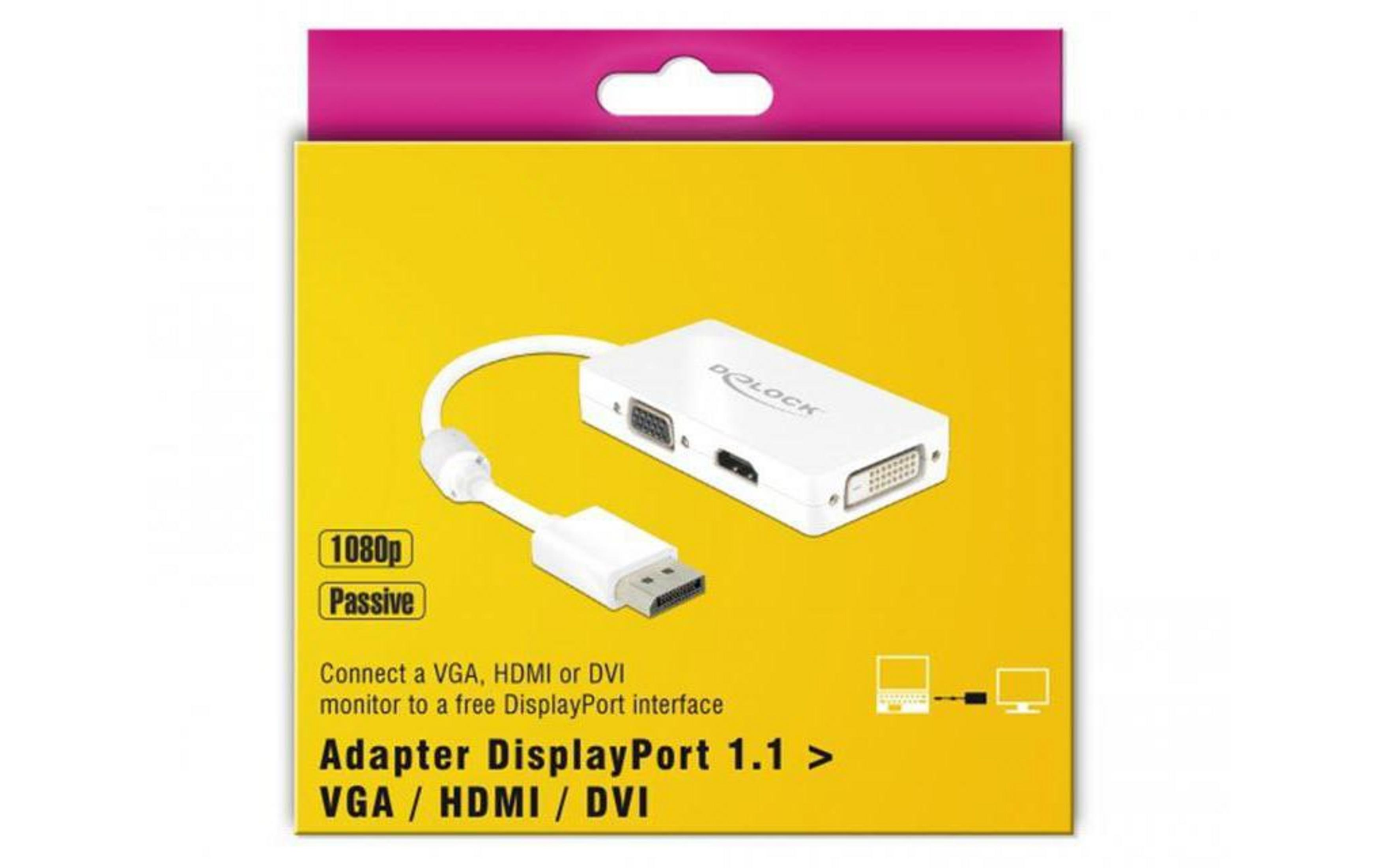 Ein weißer Adapter mit DisplayPort-Anschluss, VGA-, HDMI- und DVI-Ausgängen.