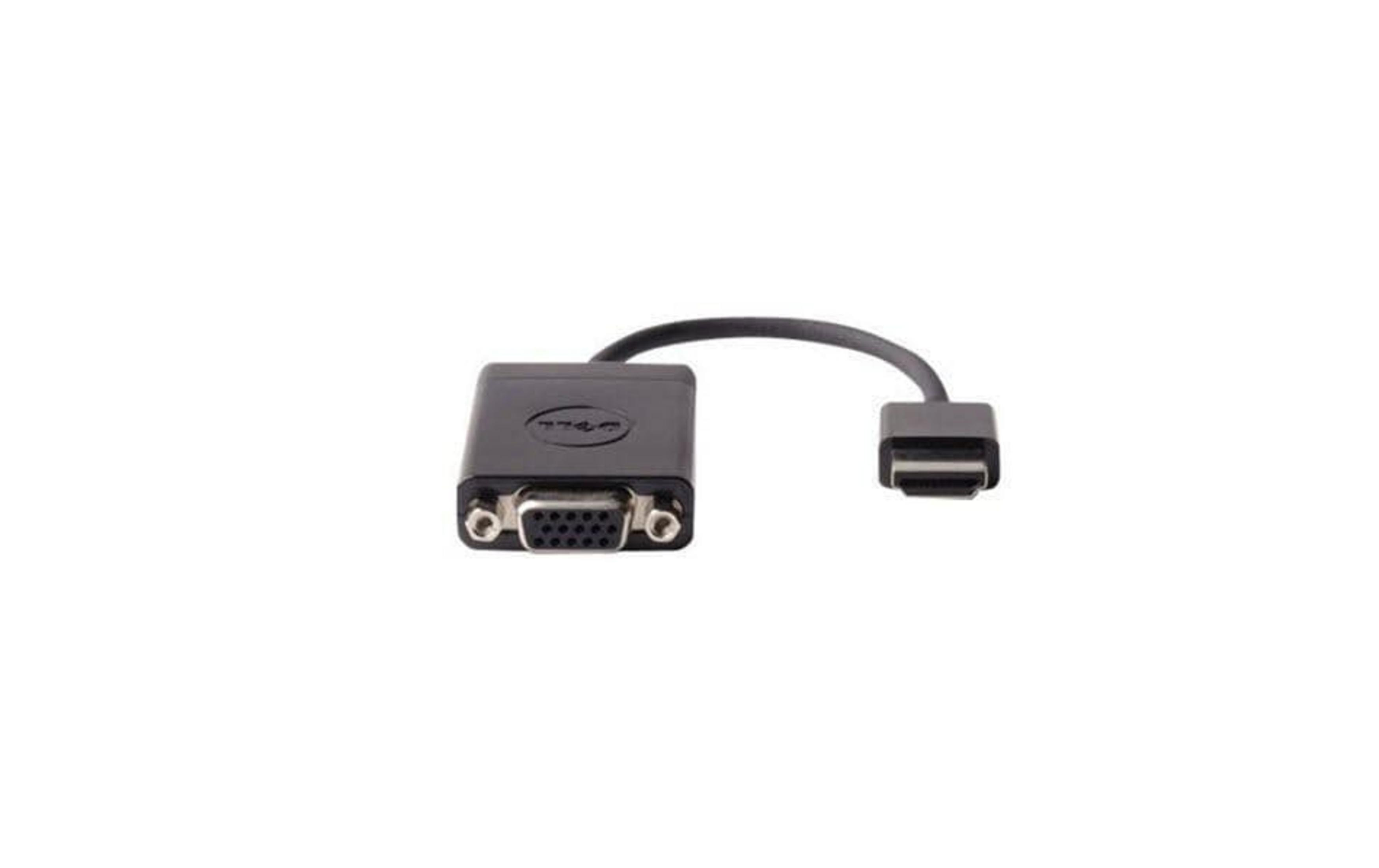 Un adattatore Dell nero con porta VGA e un cavo con connettore HDMI.