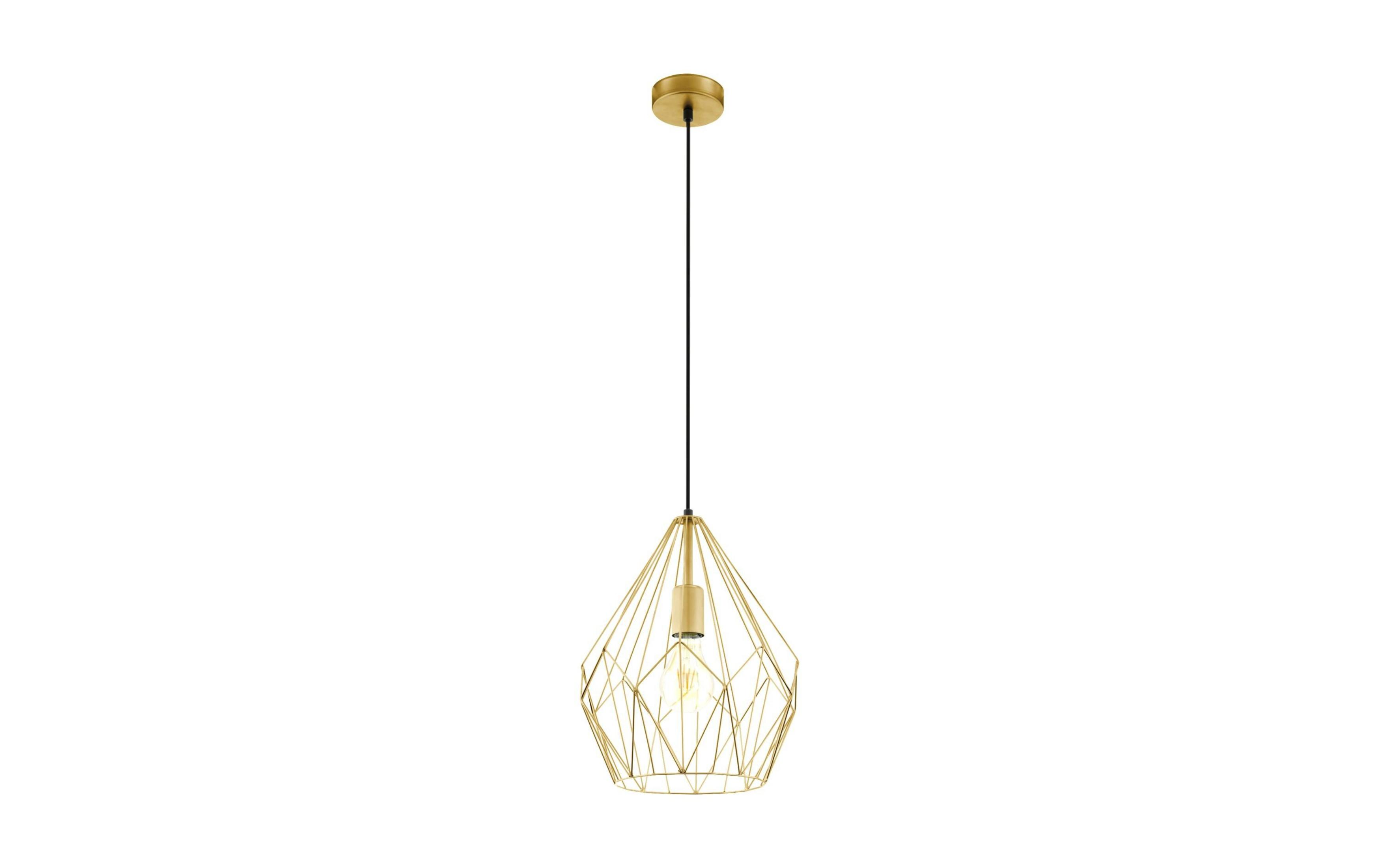 Eine goldene Draht-Pendelleuchte mit einem diamantförmigen Lampenschirm und einer Glühbirne.