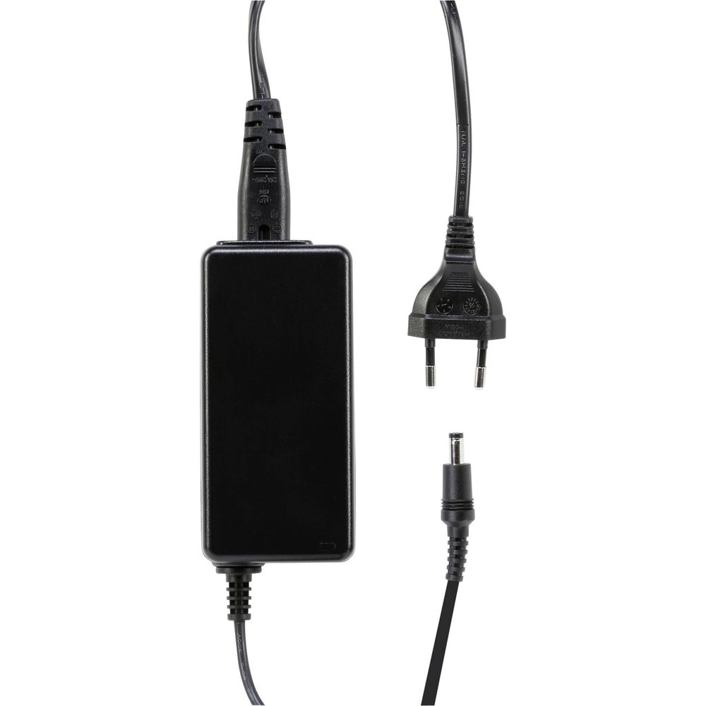 Ein schwarzer Netzadapter mit Kabeln und Steckern.
