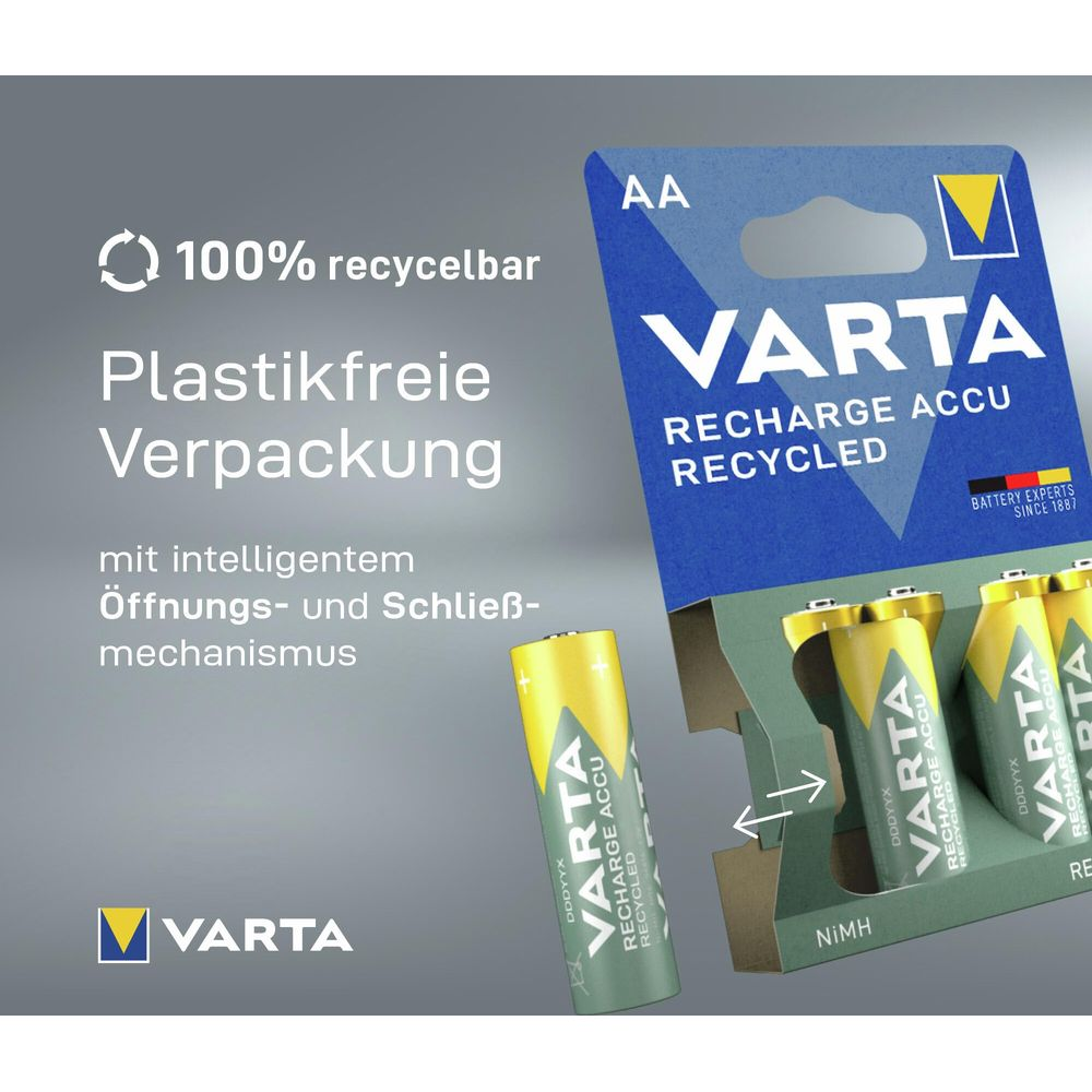 Varta AA Akkus in plastikfreier, recycelbarer Verpackung mit Öffnungsmechanismus.